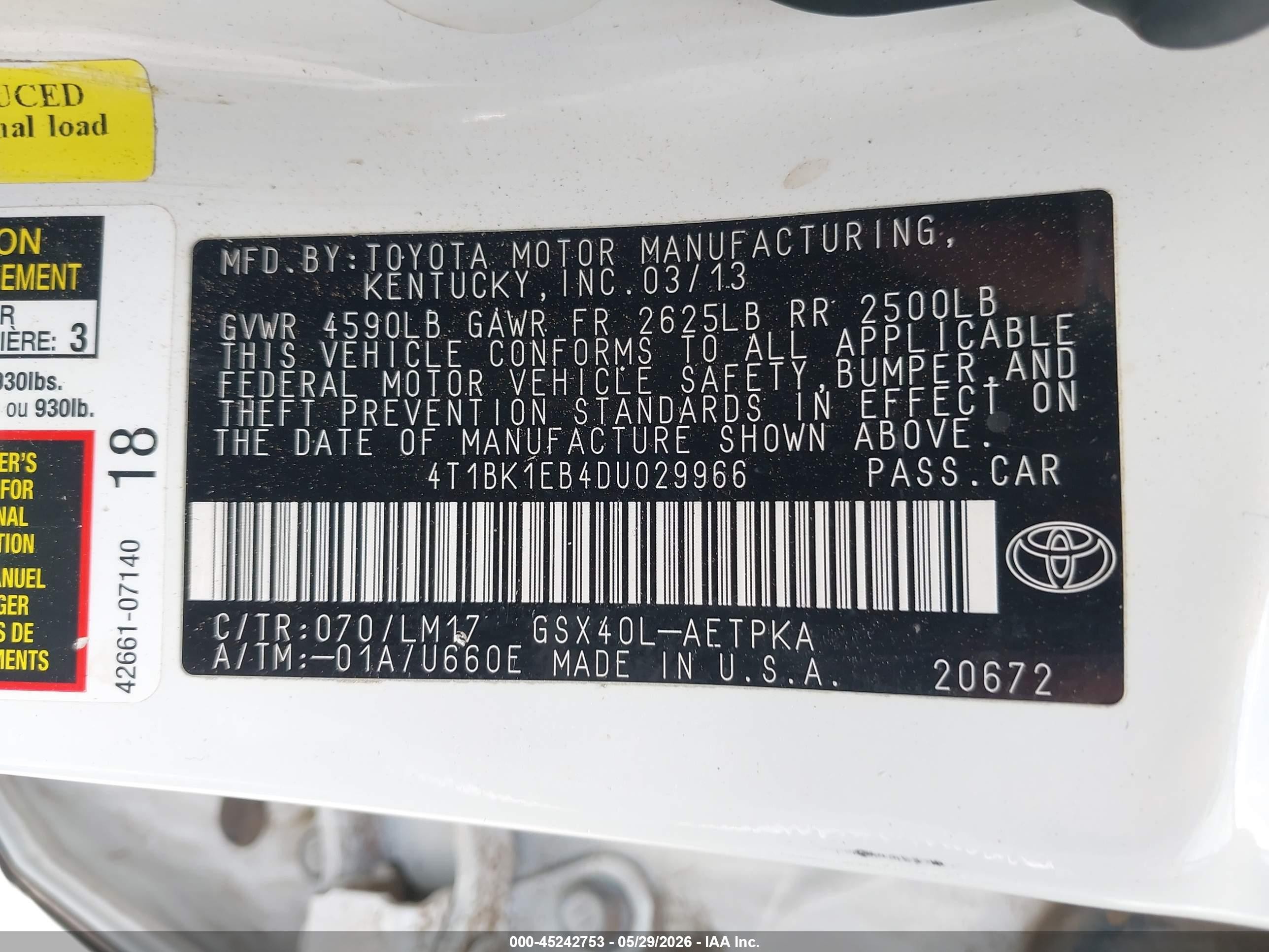 2013 Toyota Avalon Limited White vin: 4T1BK1EB4DU029966