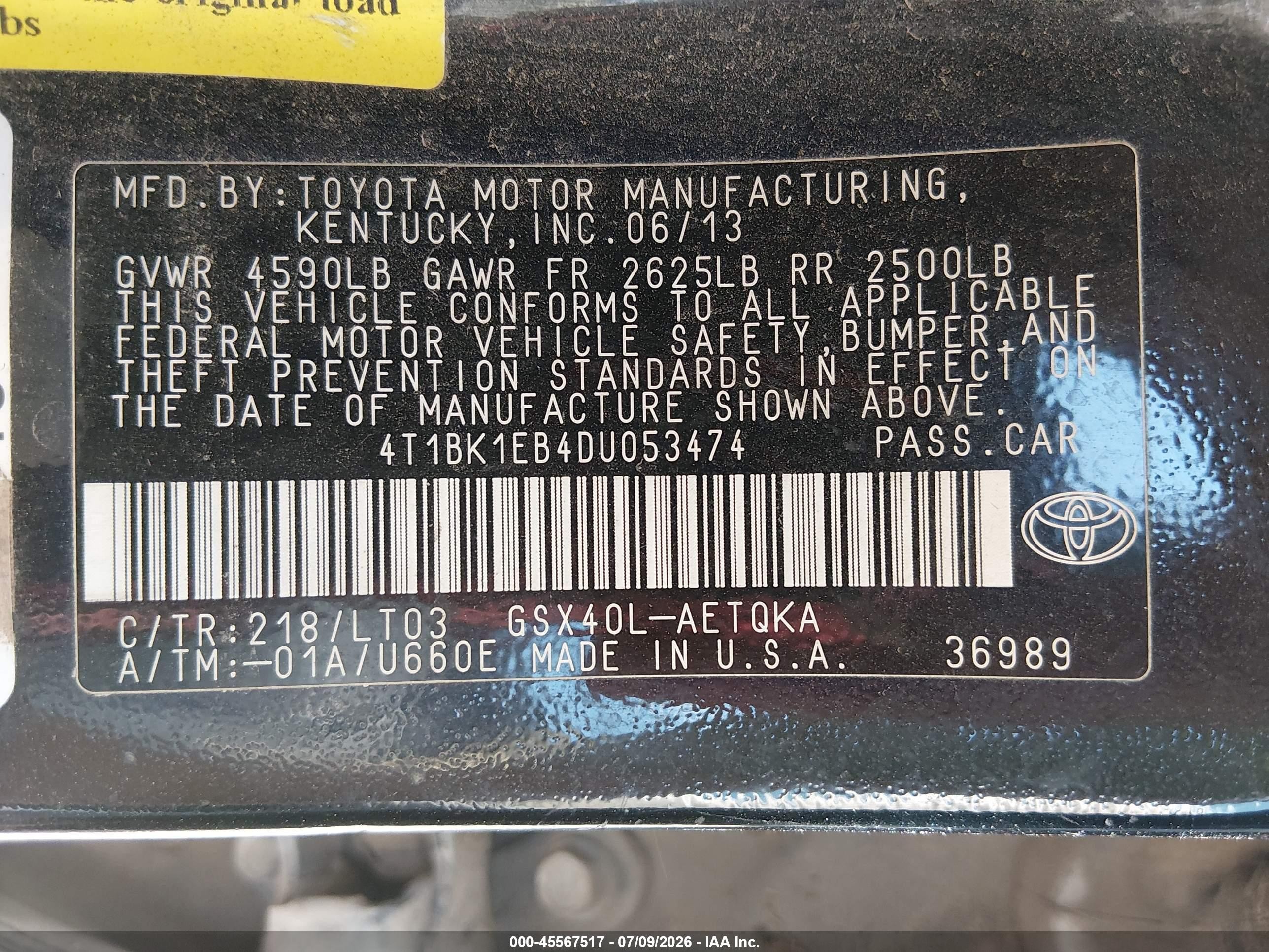 2013 Toyota Avalon Xle Touring Black vin: 4T1BK1EB4DU053474