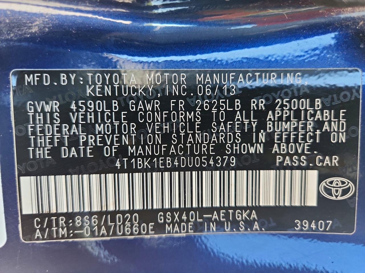 2013 Toyota Avalon Xle Blue vin: 4T1BK1EB4DU054379