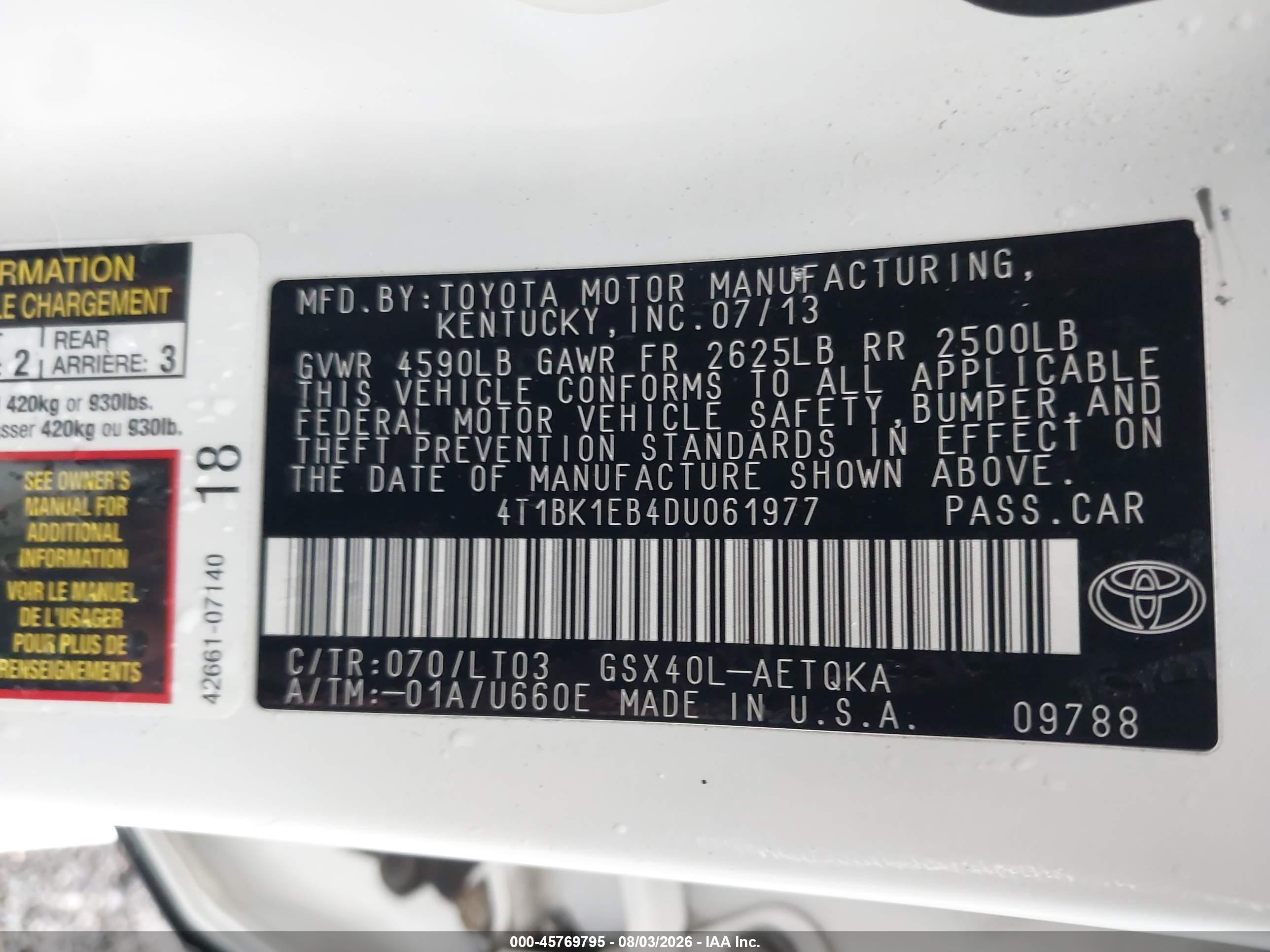 2013 Toyota Avalon Xle Touring White vin: 4T1BK1EB4DU061977