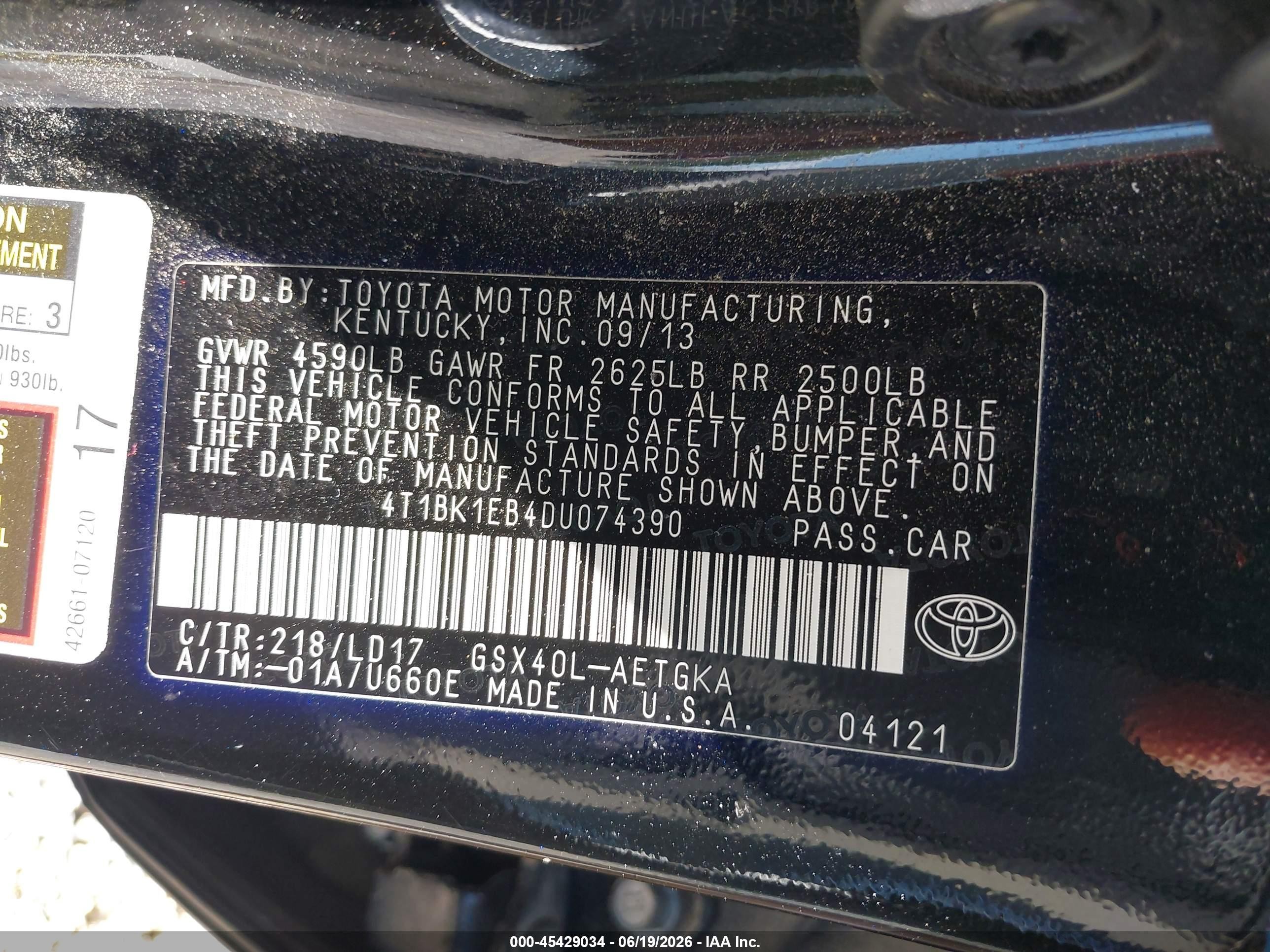 2013 Toyota Avalon Xle Black vin: 4T1BK1EB4DU074390