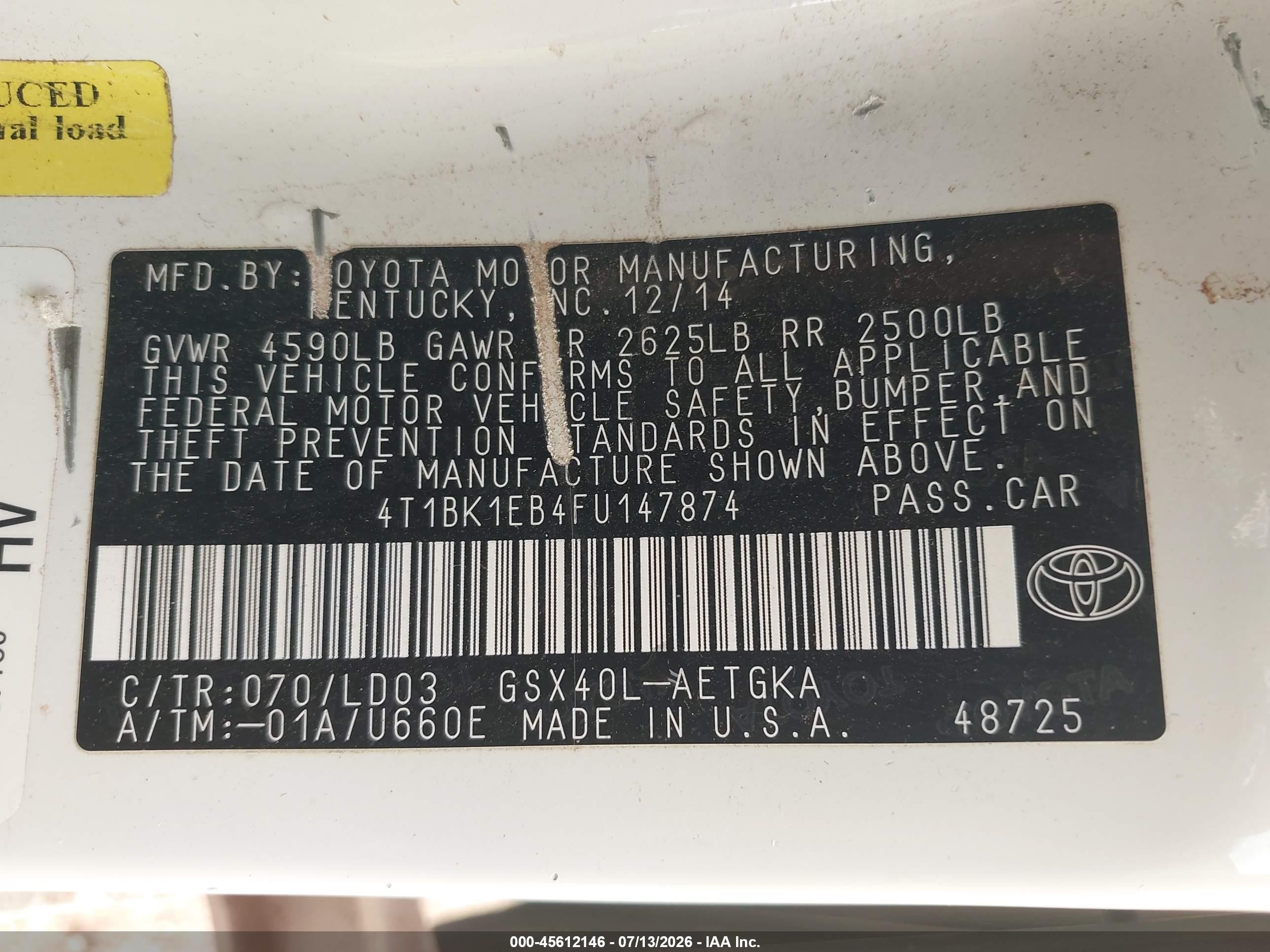 2015 Toyota Avalon Xle White vin: 4T1BK1EB4FU147874