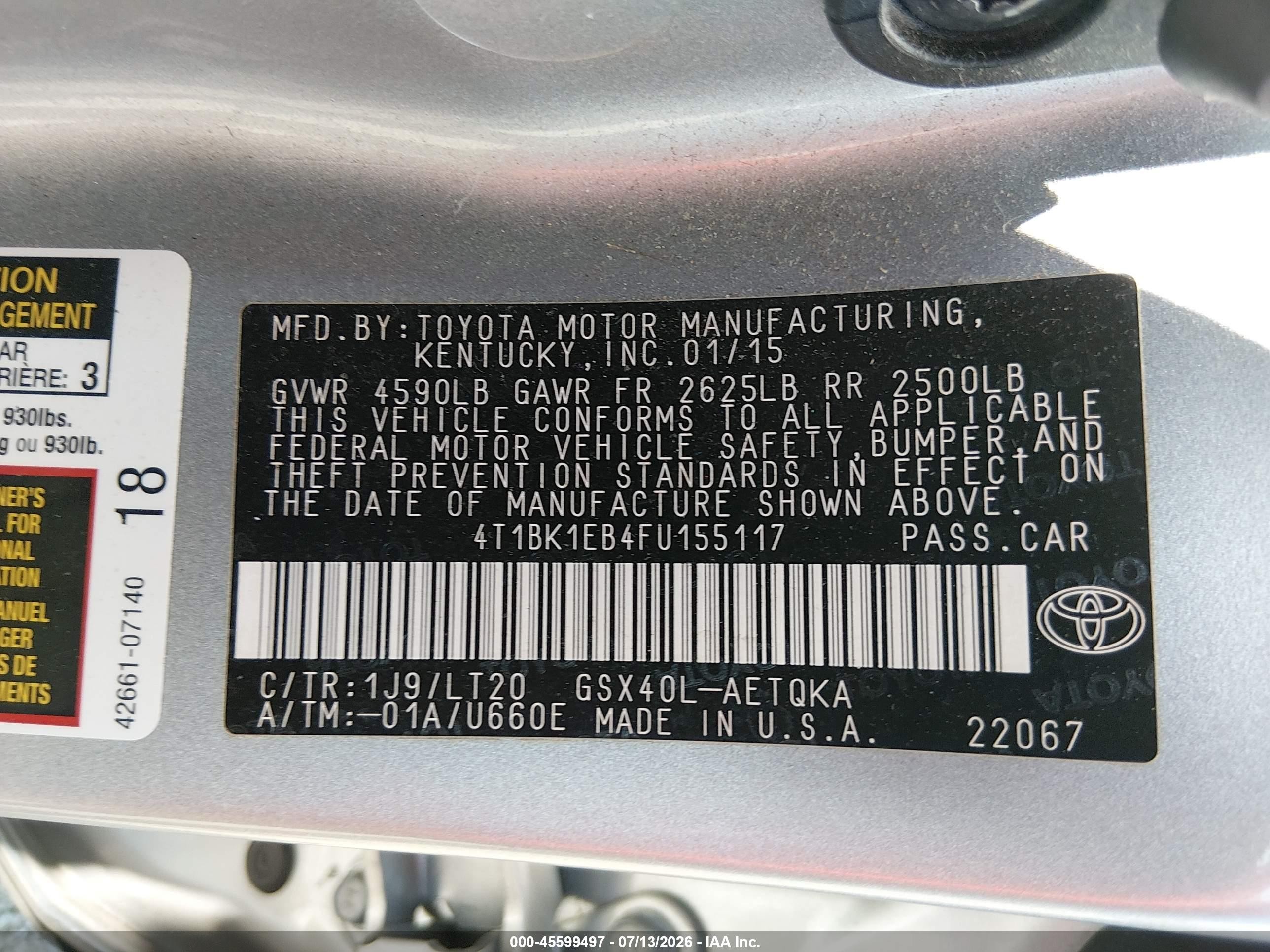 2015 Toyota Avalon Xle Touring Silver vin: 4T1BK1EB4FU155117