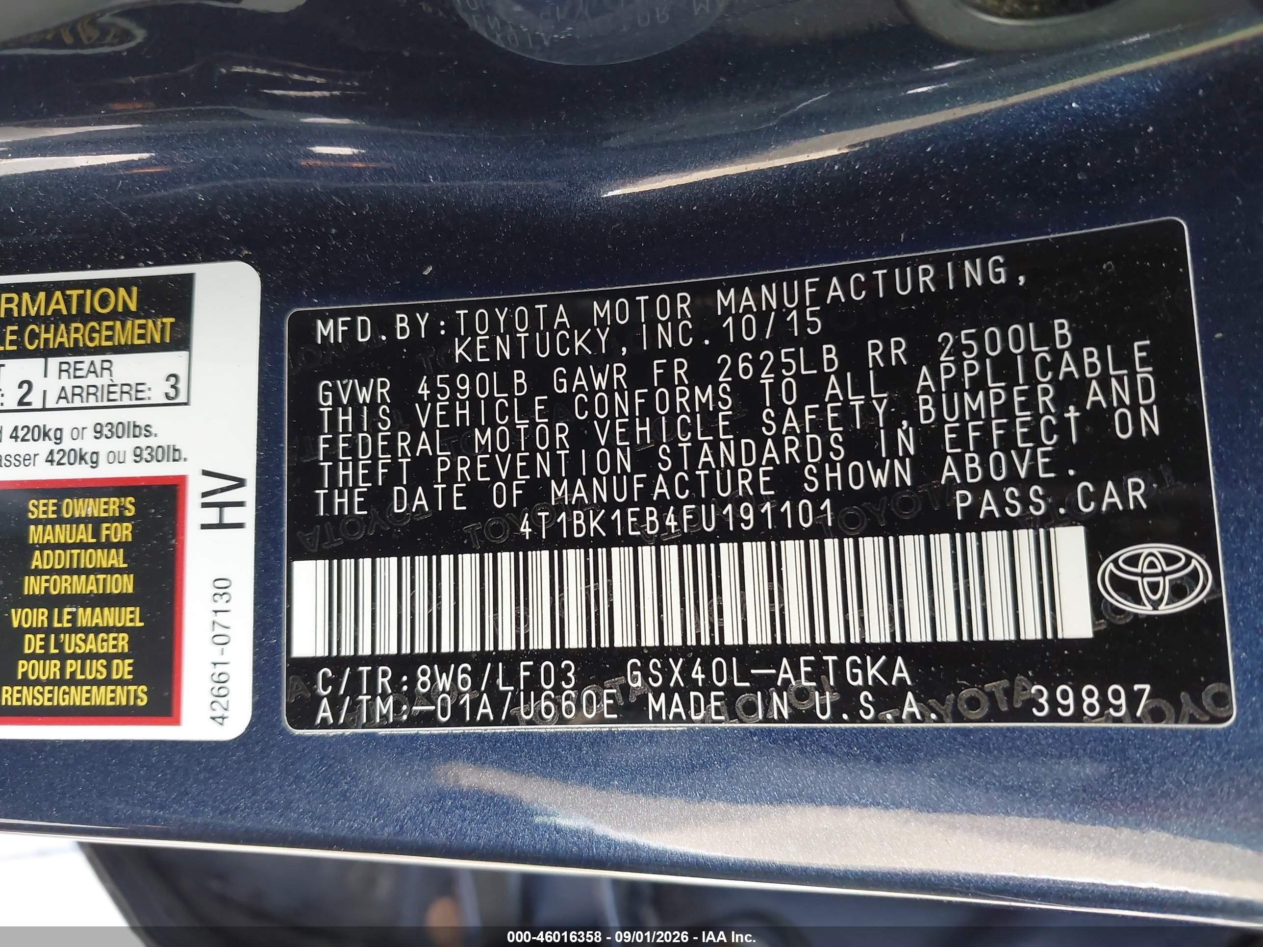 2015 Toyota Avalon Xle Premium Blue vin: 4T1BK1EB4FU191101