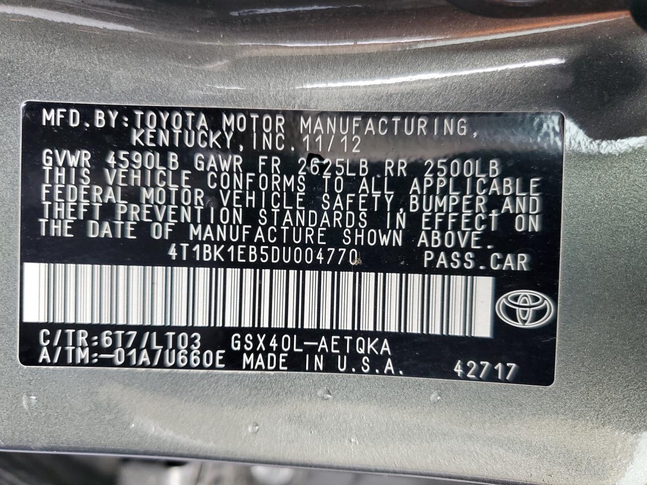 2013 Toyota Avalon Base Green vin: 4T1BK1EB5DU004770