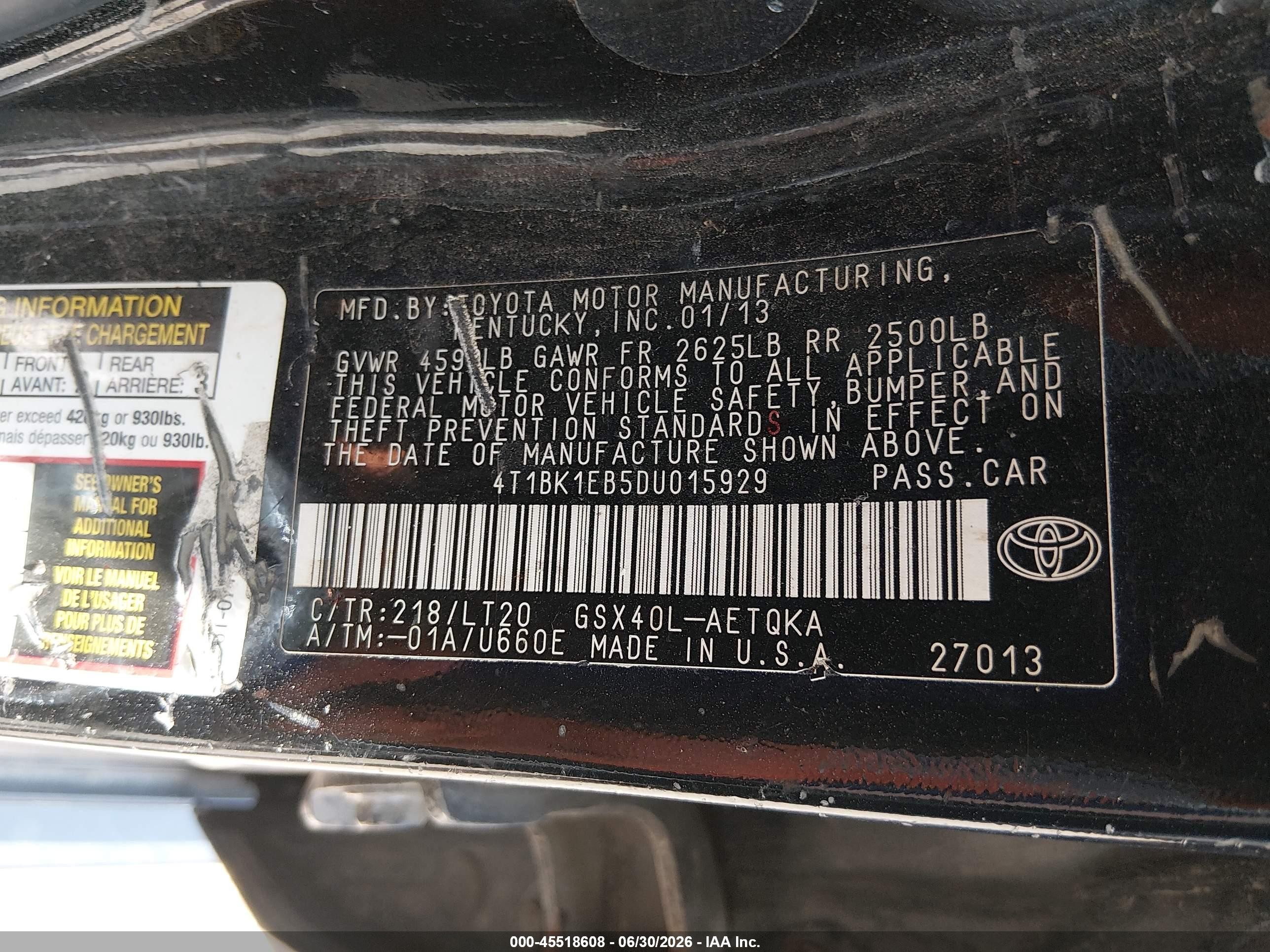 2013 Toyota Avalon Xle Touring Black vin: 4T1BK1EB5DU015929