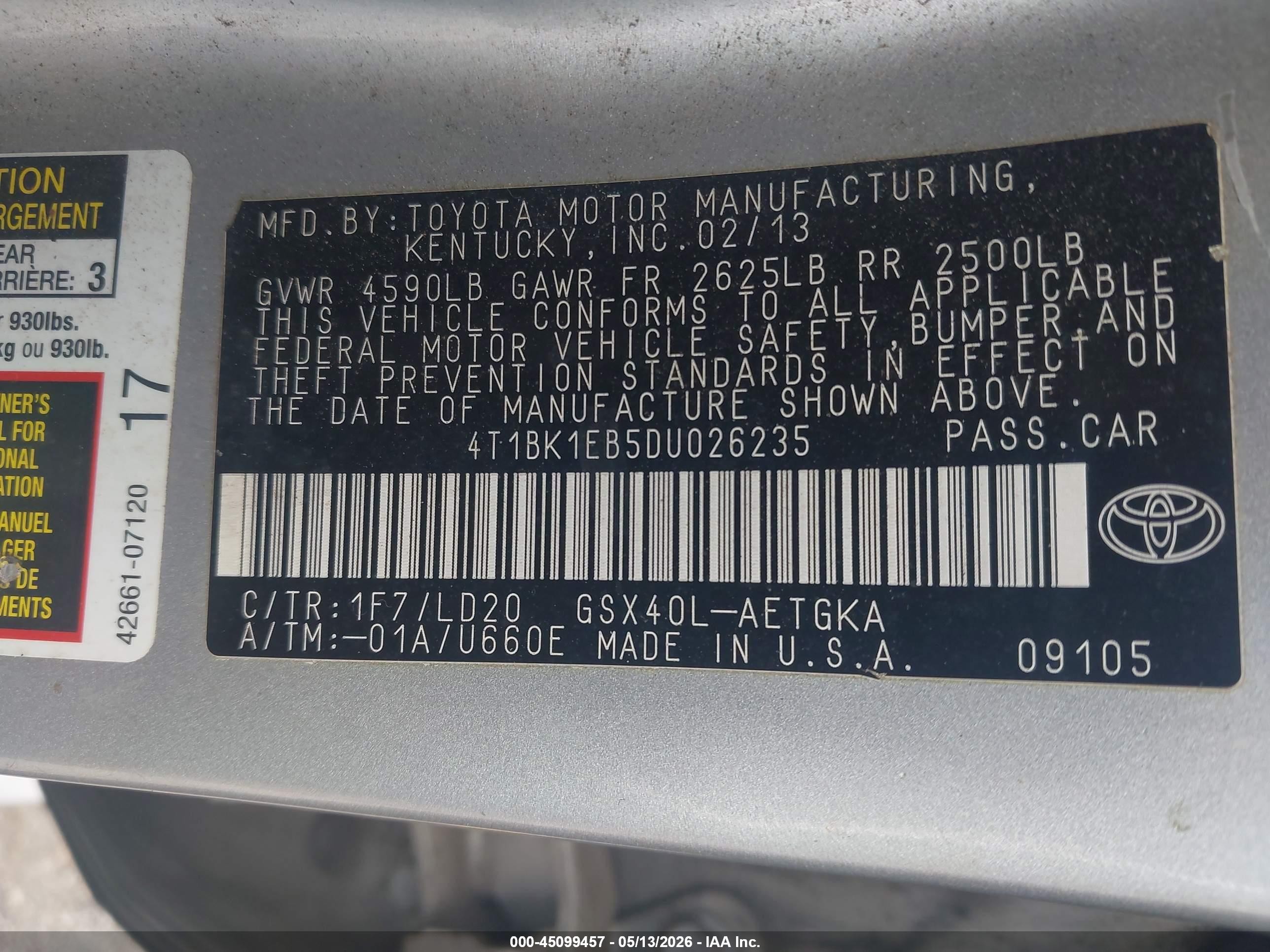 2013 Toyota Avalon Xle Silver vin: 4T1BK1EB5DU026235