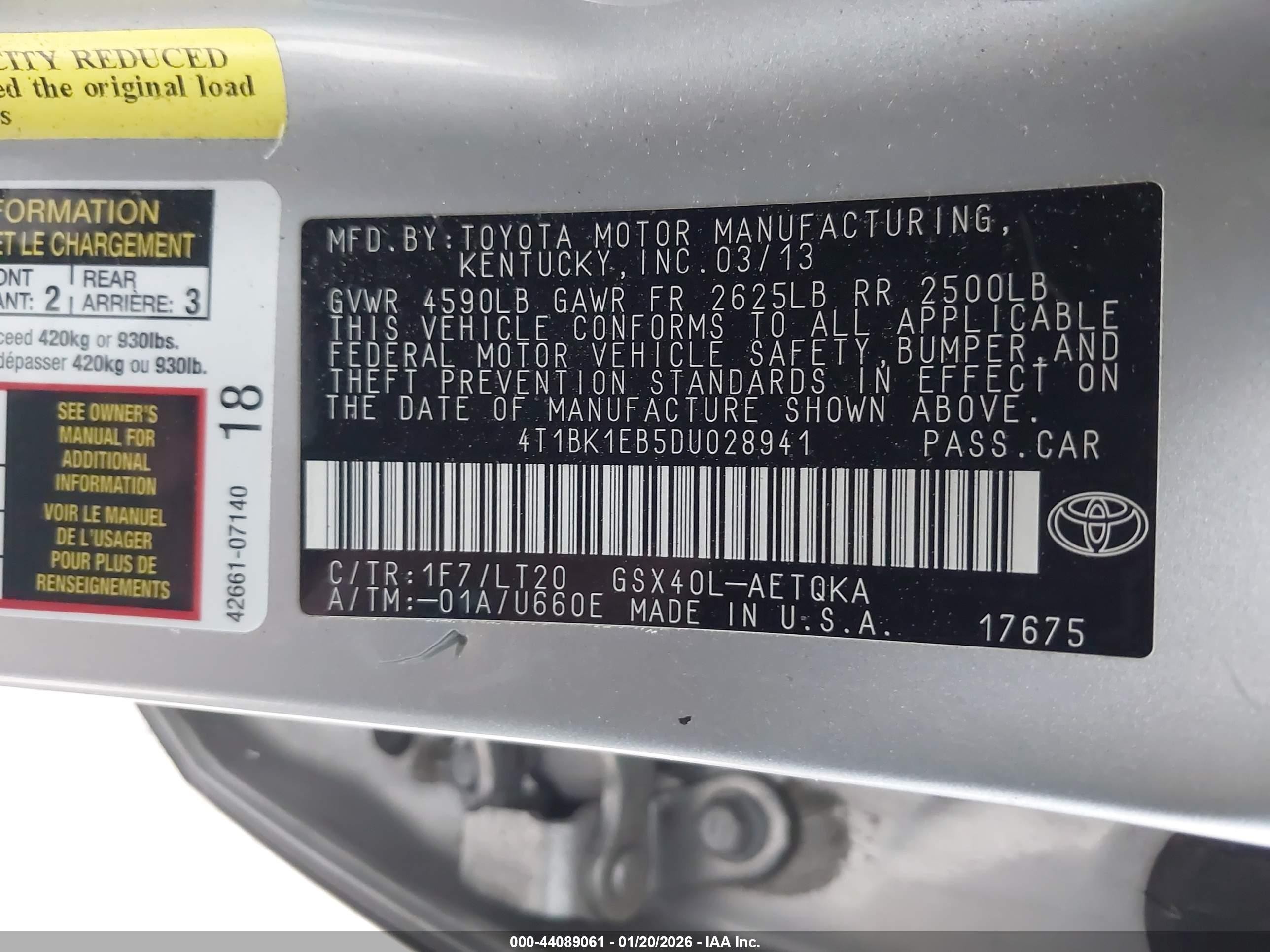 2013 Toyota Avalon Xle Touring Silver vin: 4T1BK1EB5DU028941