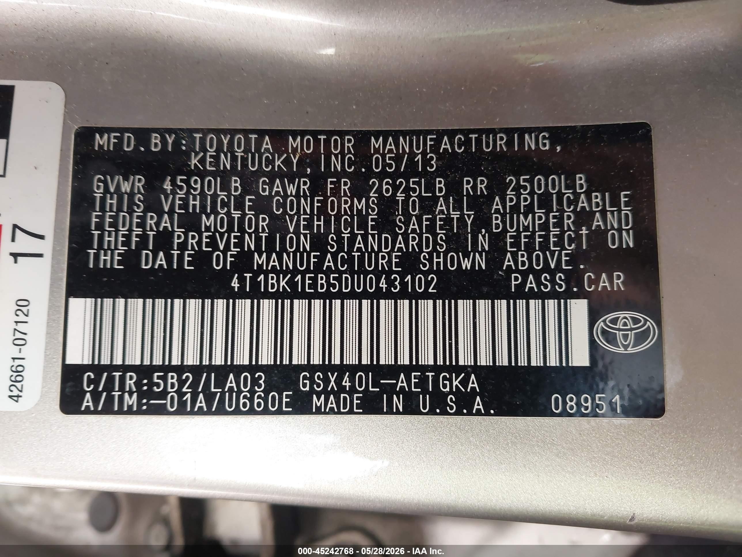 2013 Toyota Avalon Limited/xle/xle Premium/xle Touring Gold vin: 4T1BK1EB5DU043102