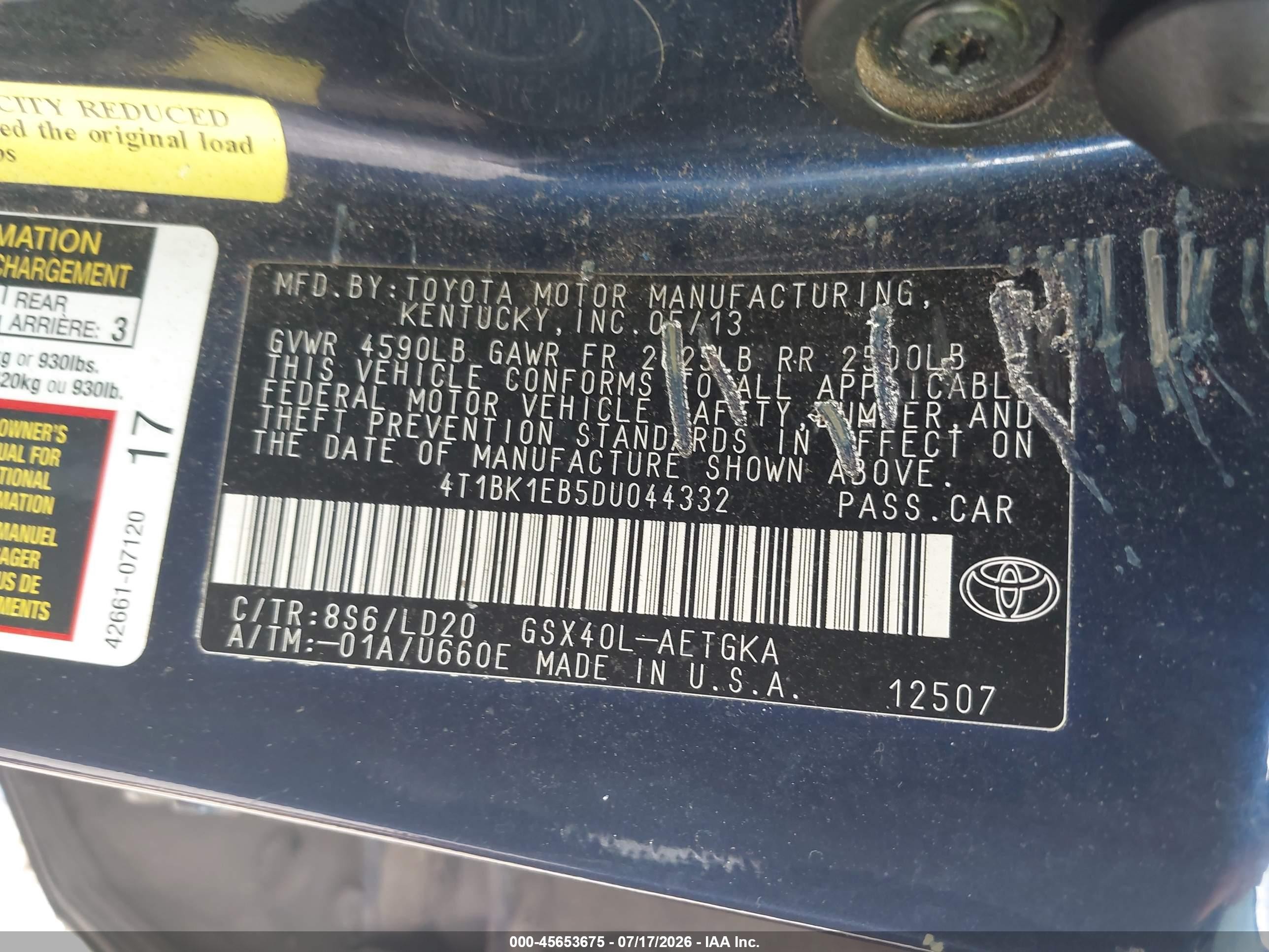 2013 Toyota Avalon Xle Blue vin: 4T1BK1EB5DU044332