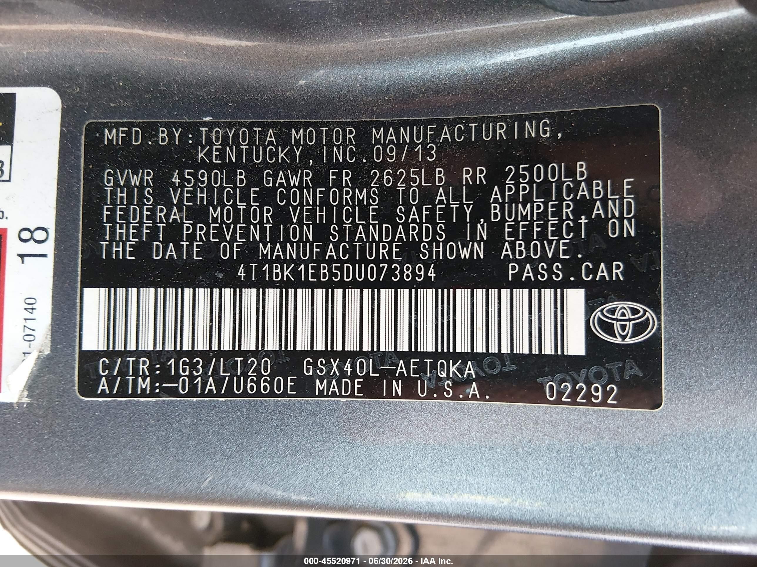 2013 Toyota Avalon Xle Touring Gray vin: 4T1BK1EB5DU073894
