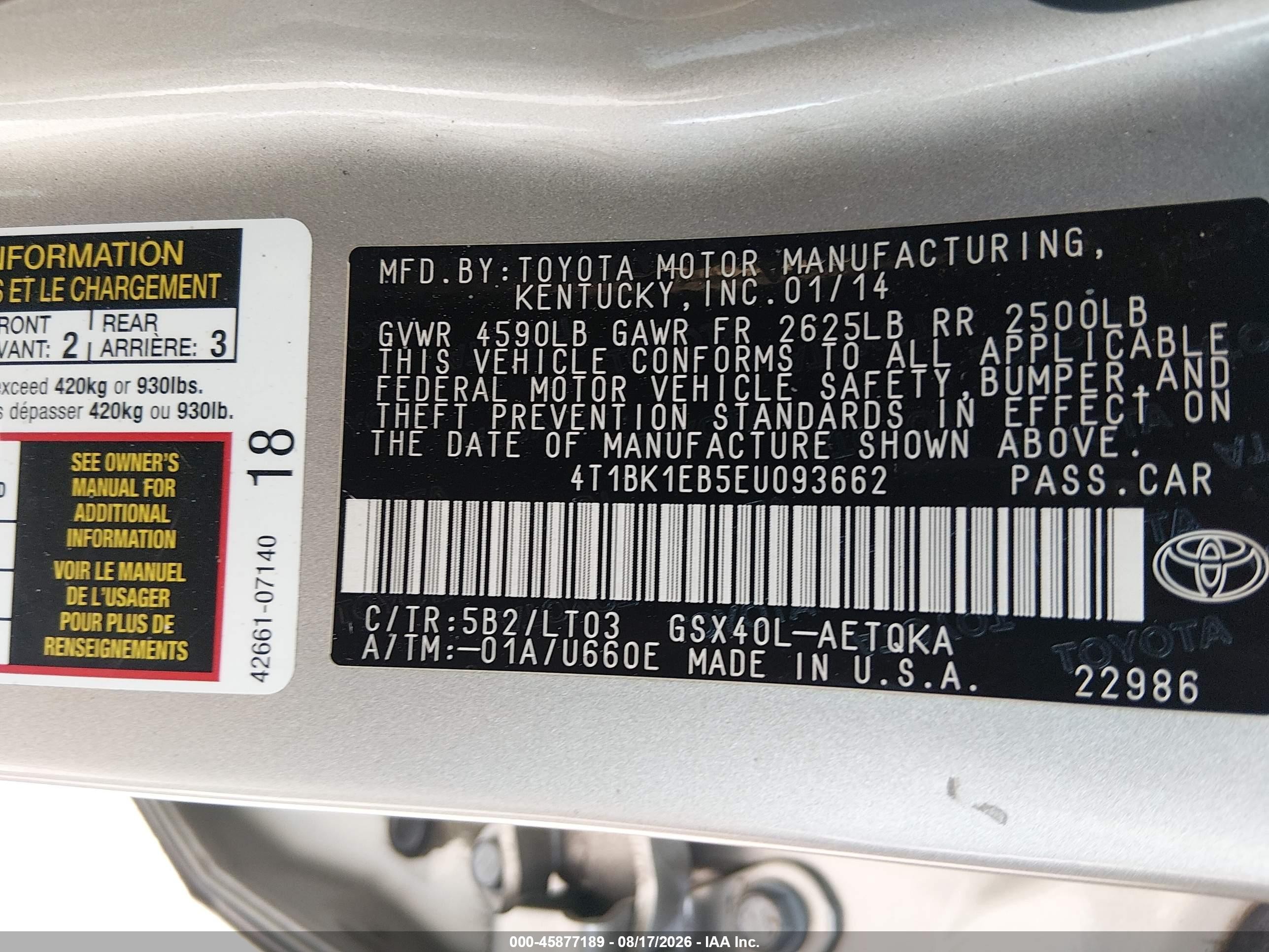 2014 Toyota Avalon Xle Touring Silver vin: 4T1BK1EB5EU093662