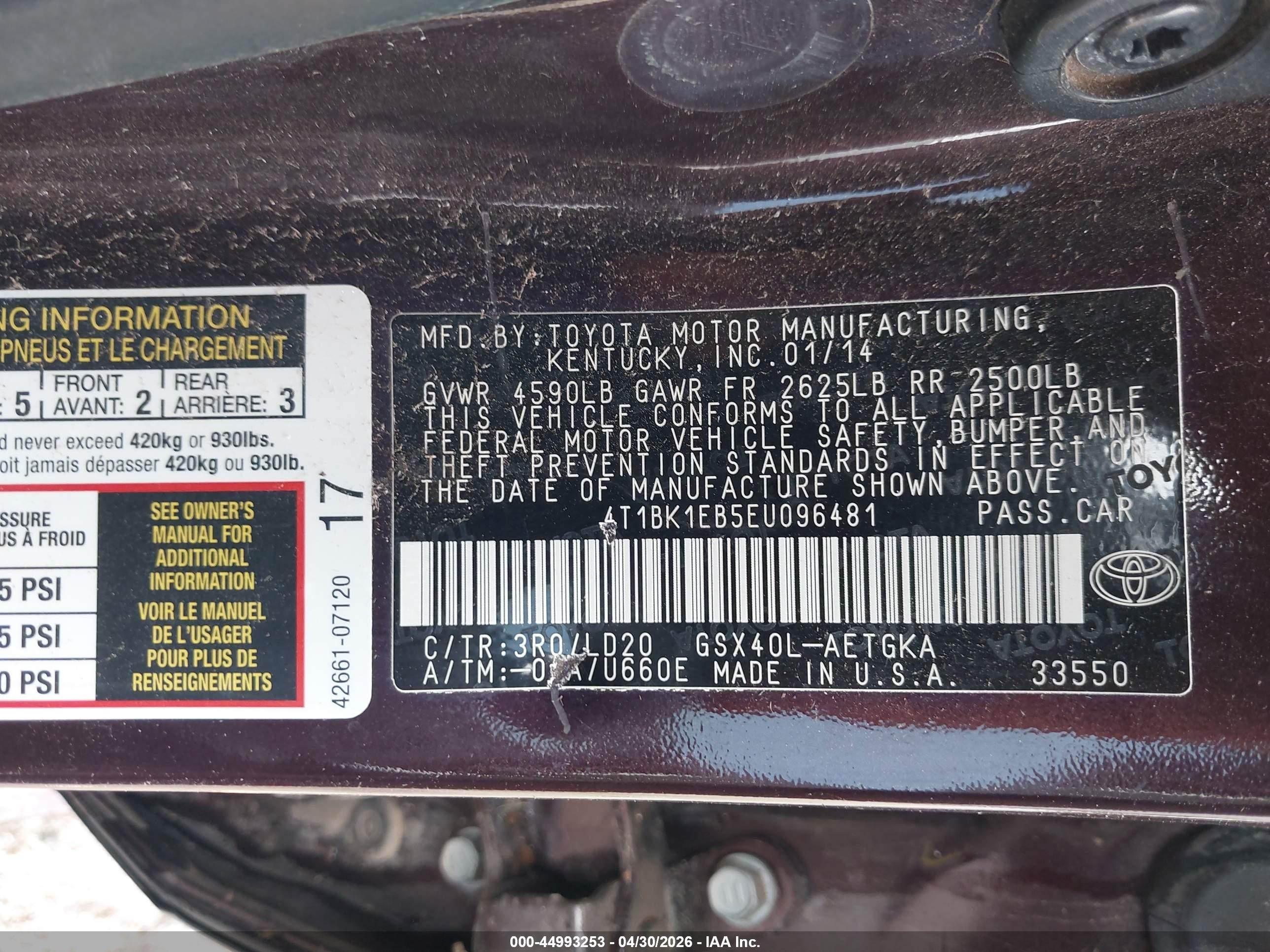 2014 Toyota Avalon Xle Burgundy vin: 4T1BK1EB5EU096481