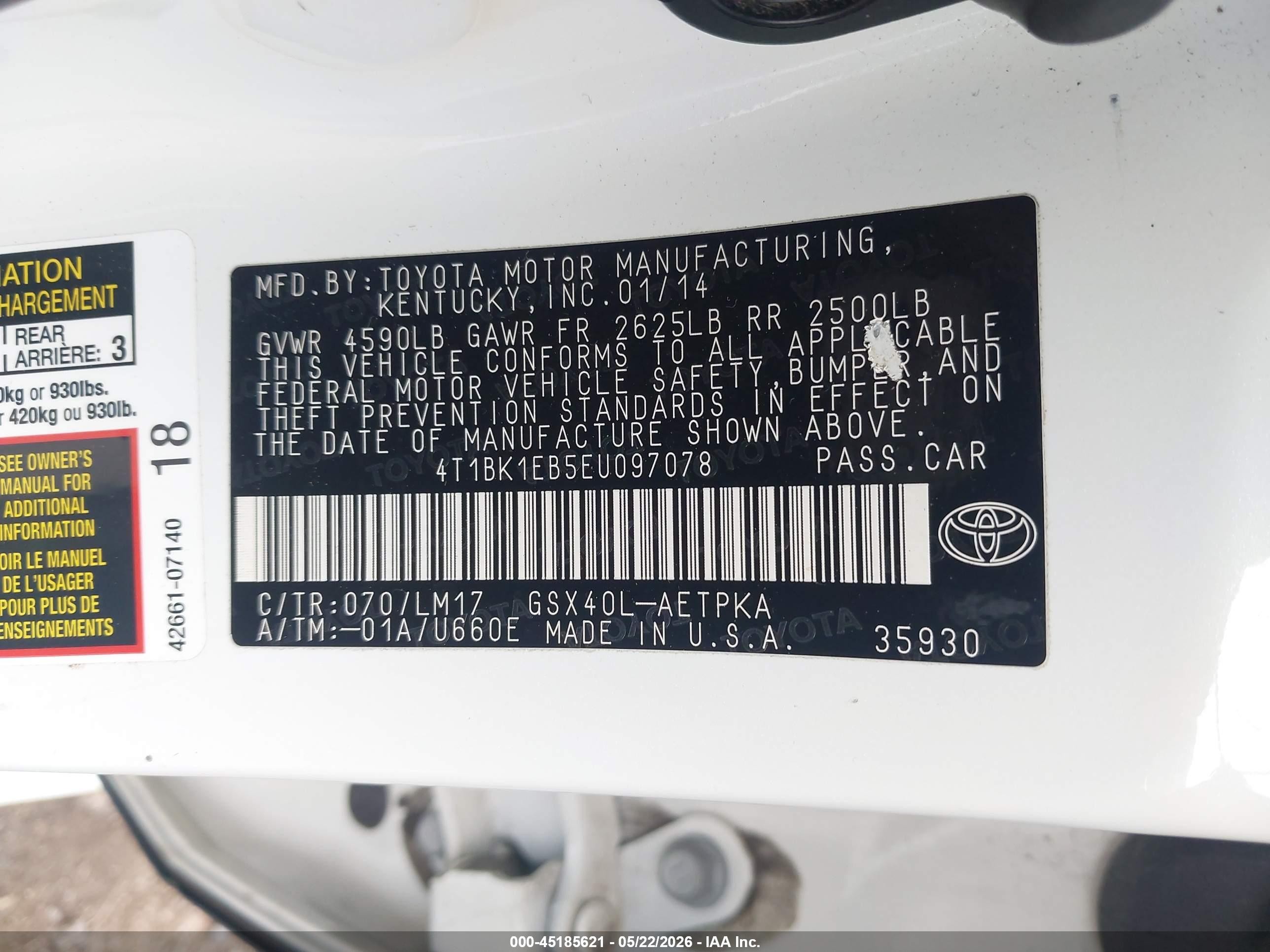 2014 Toyota Avalon Limited White vin: 4T1BK1EB5EU097078