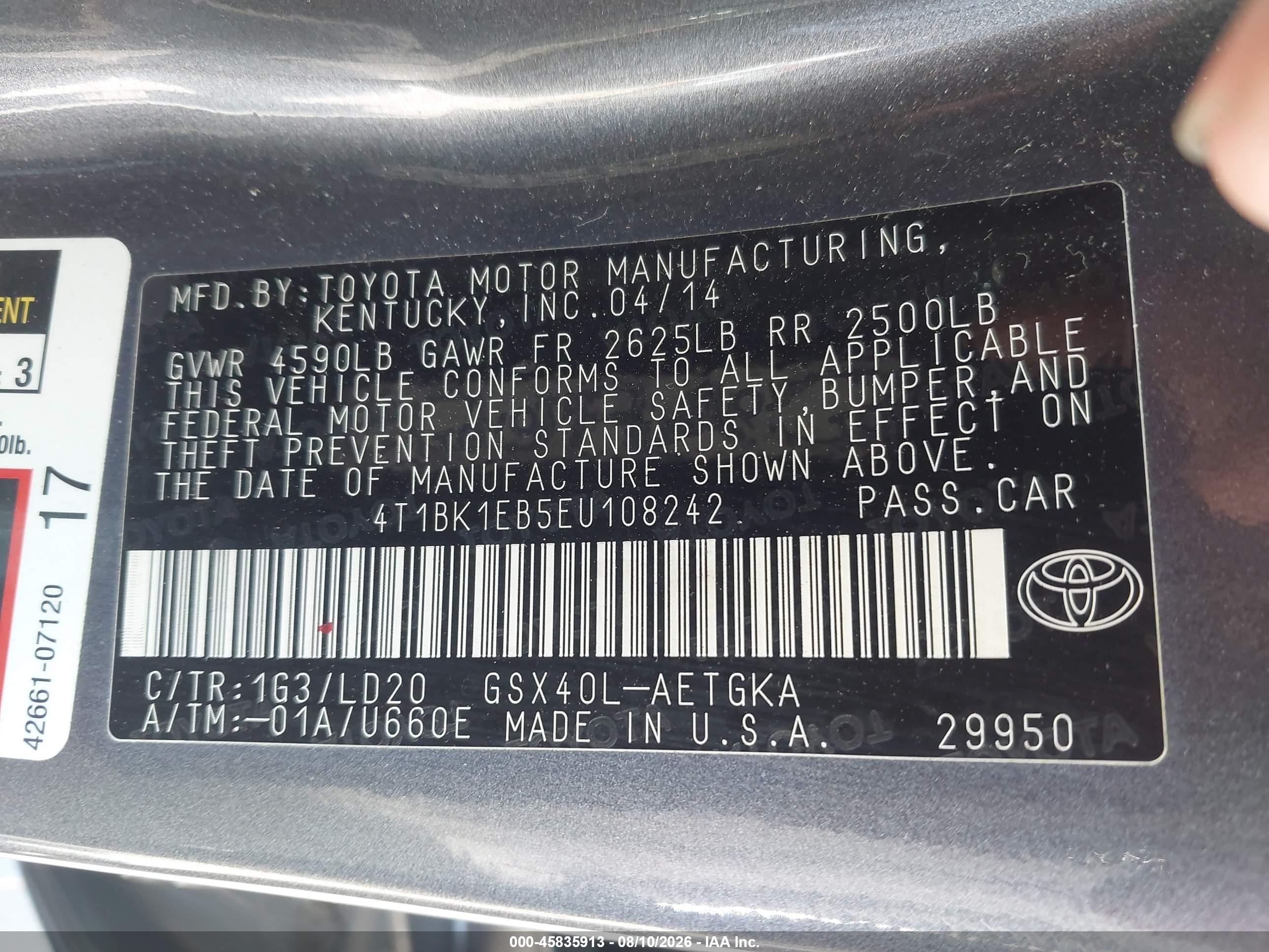 2014 Toyota Avalon Xle Серый vin: 4T1BK1EB5EU108242