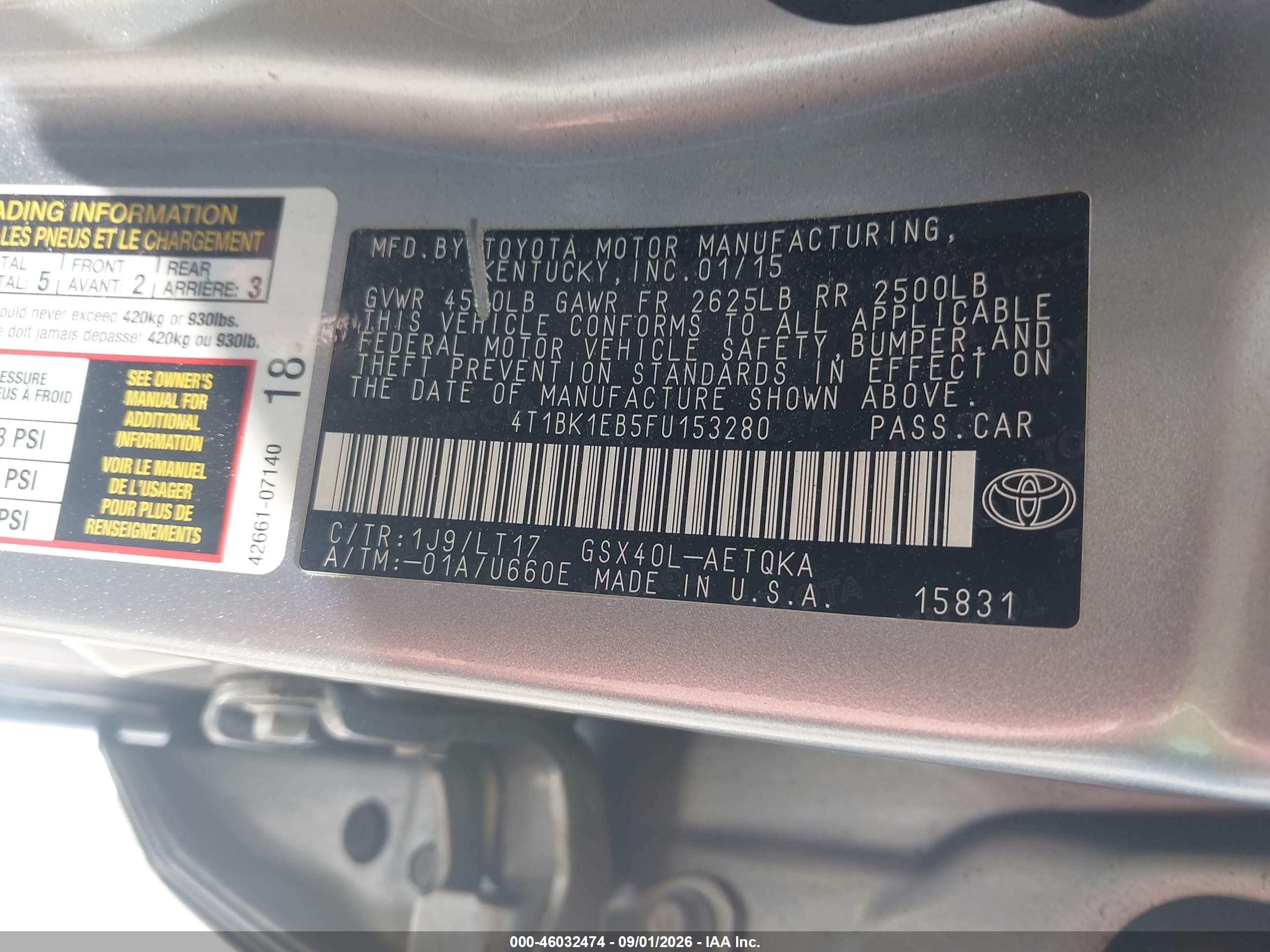 2015 Toyota Avalon Xle Touring Silver vin: 4T1BK1EB5FU153280