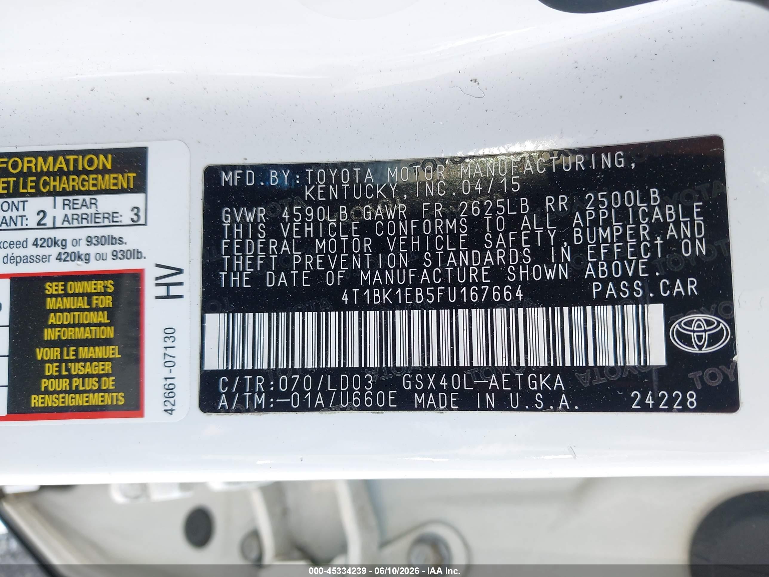 2015 Toyota Avalon Xle White vin: 4T1BK1EB5FU167664