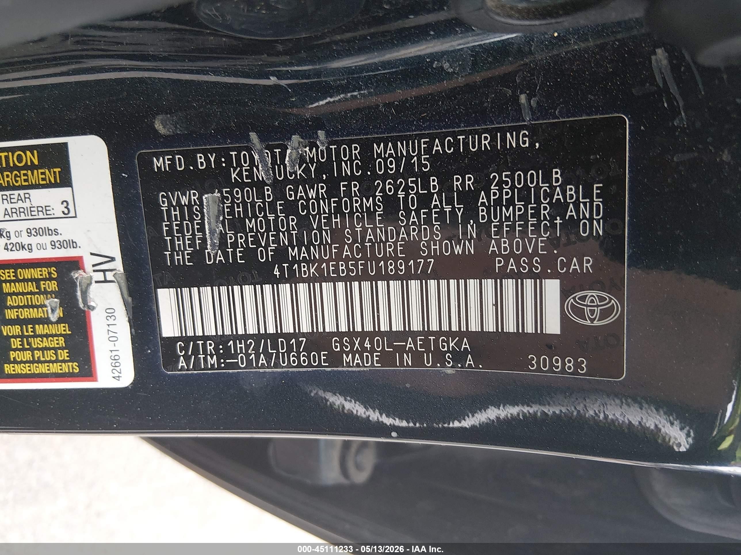 2015 Toyota Avalon Xle Black vin: 4T1BK1EB5FU189177