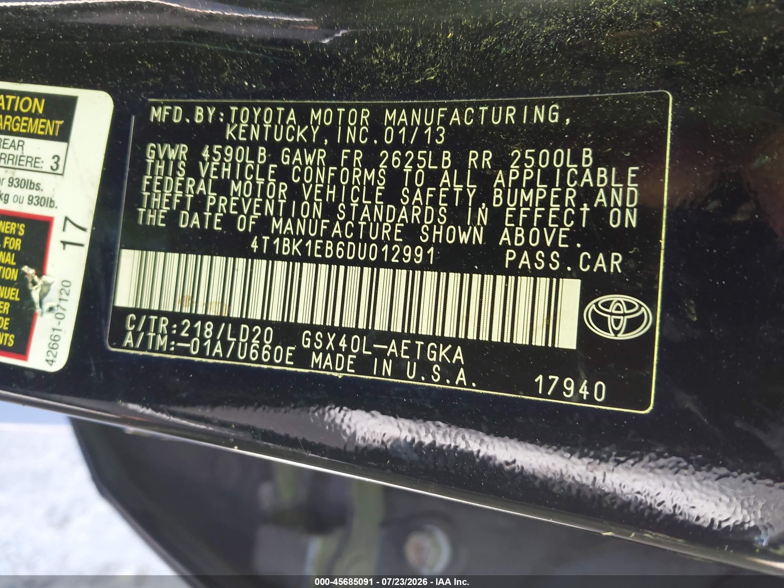 2013 Toyota Avalon Xle Черный vin: 4T1BK1EB6DU012991