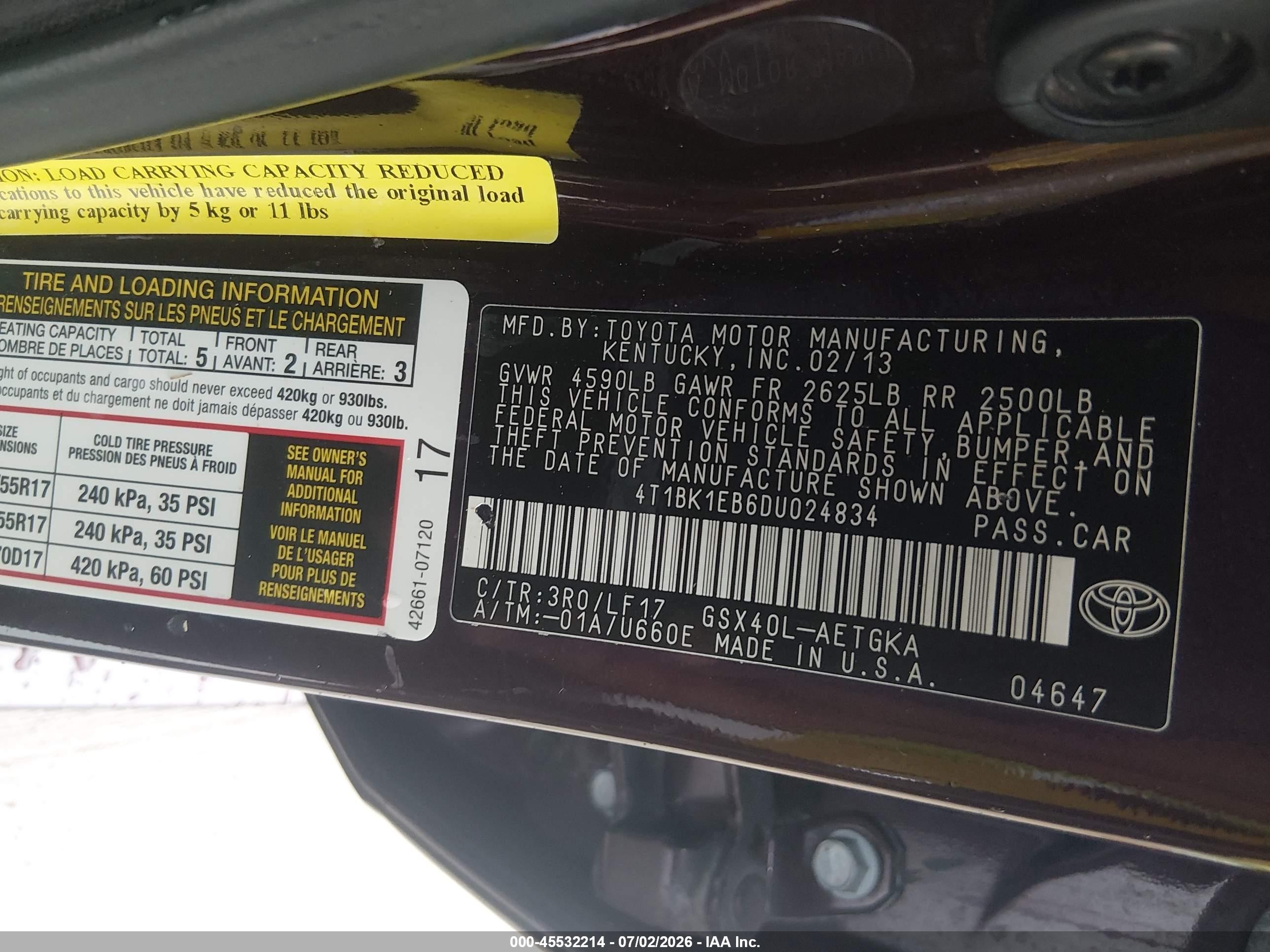 2013 Toyota Avalon   Burgundy vin: 4T1BK1EB6DU024834