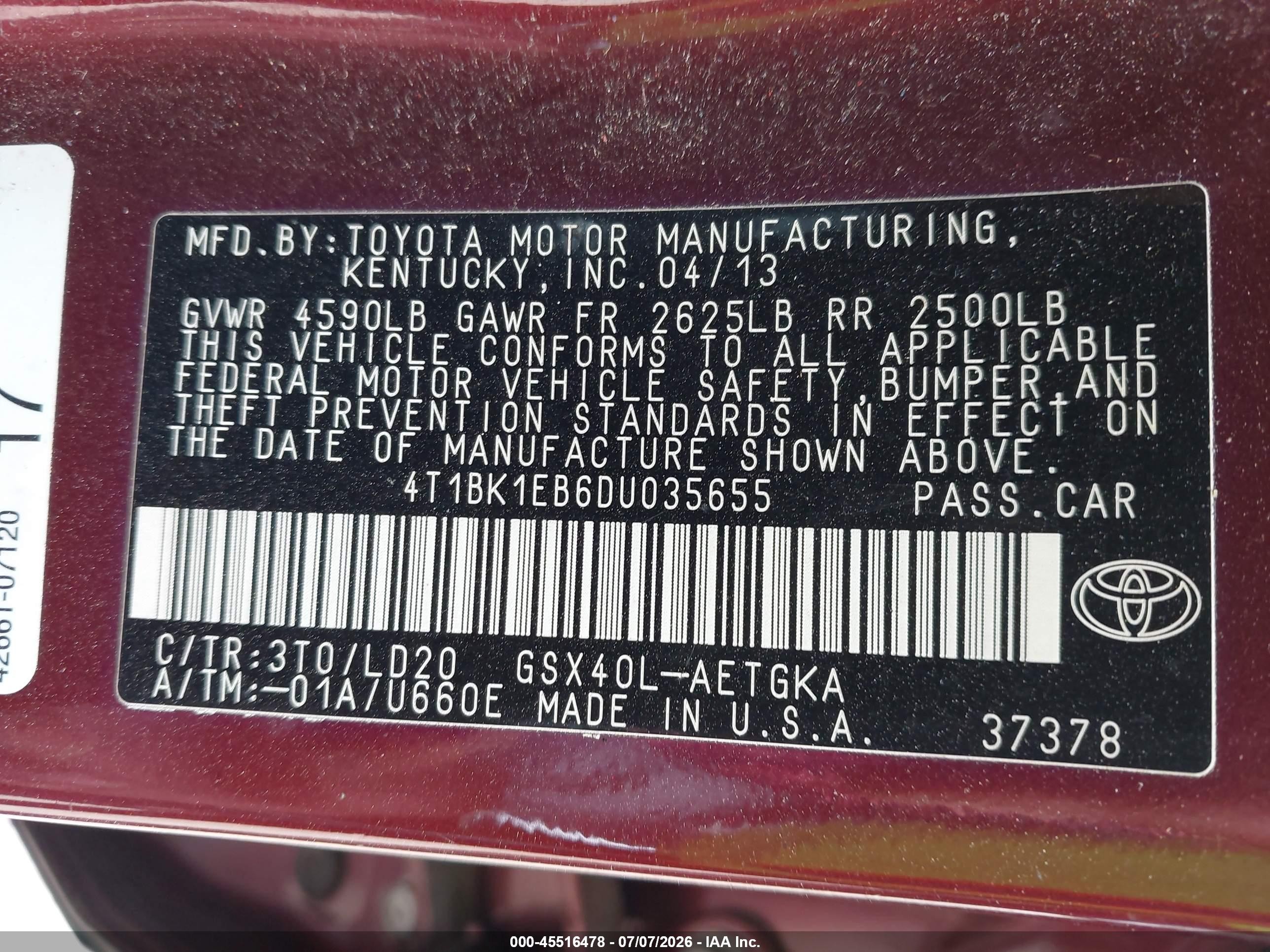 2013 Toyota Avalon Xle Burgundy vin: 4T1BK1EB6DU035655