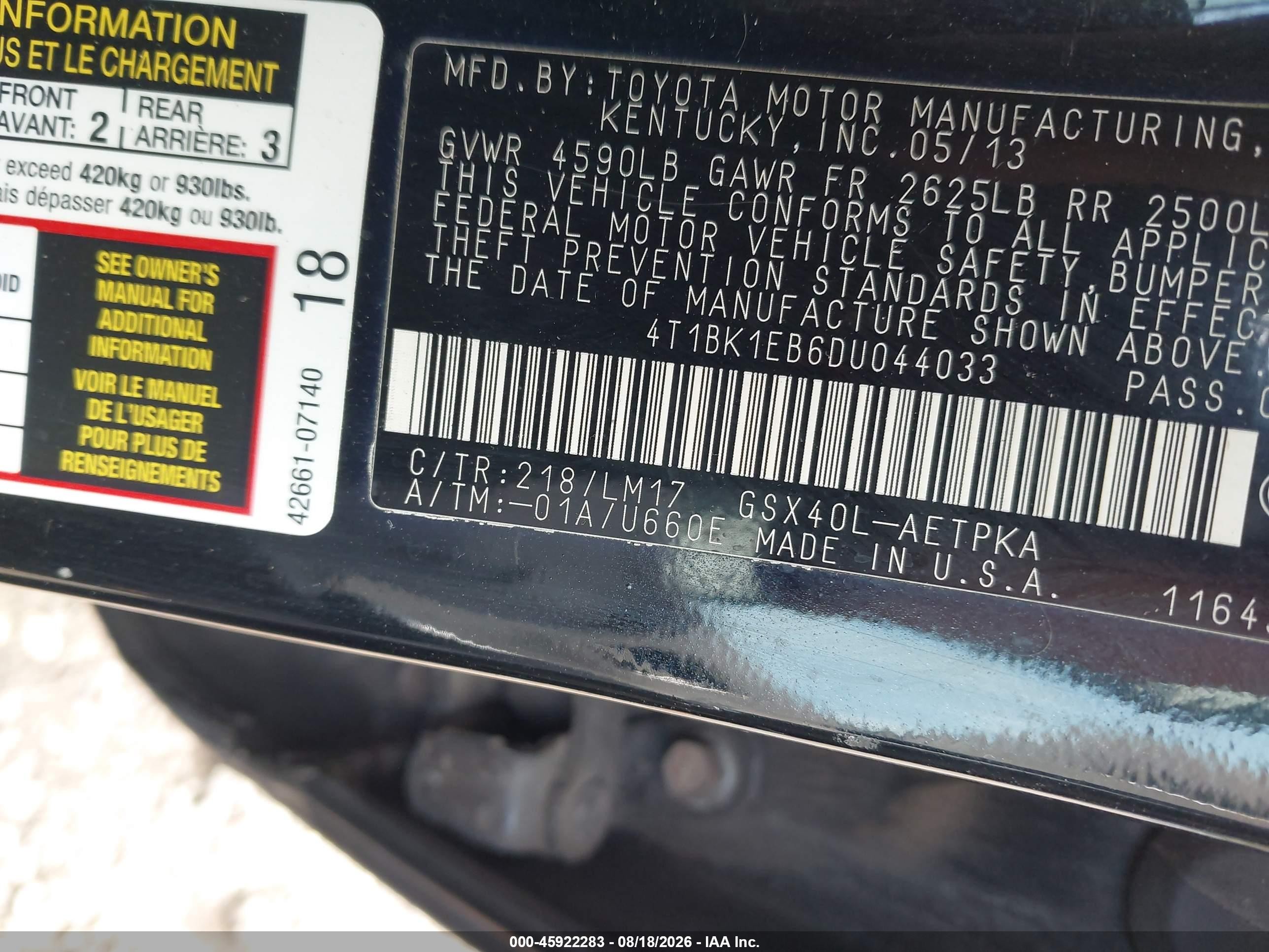 2013 Toyota Avalon Limited Black vin: 4T1BK1EB6DU044033