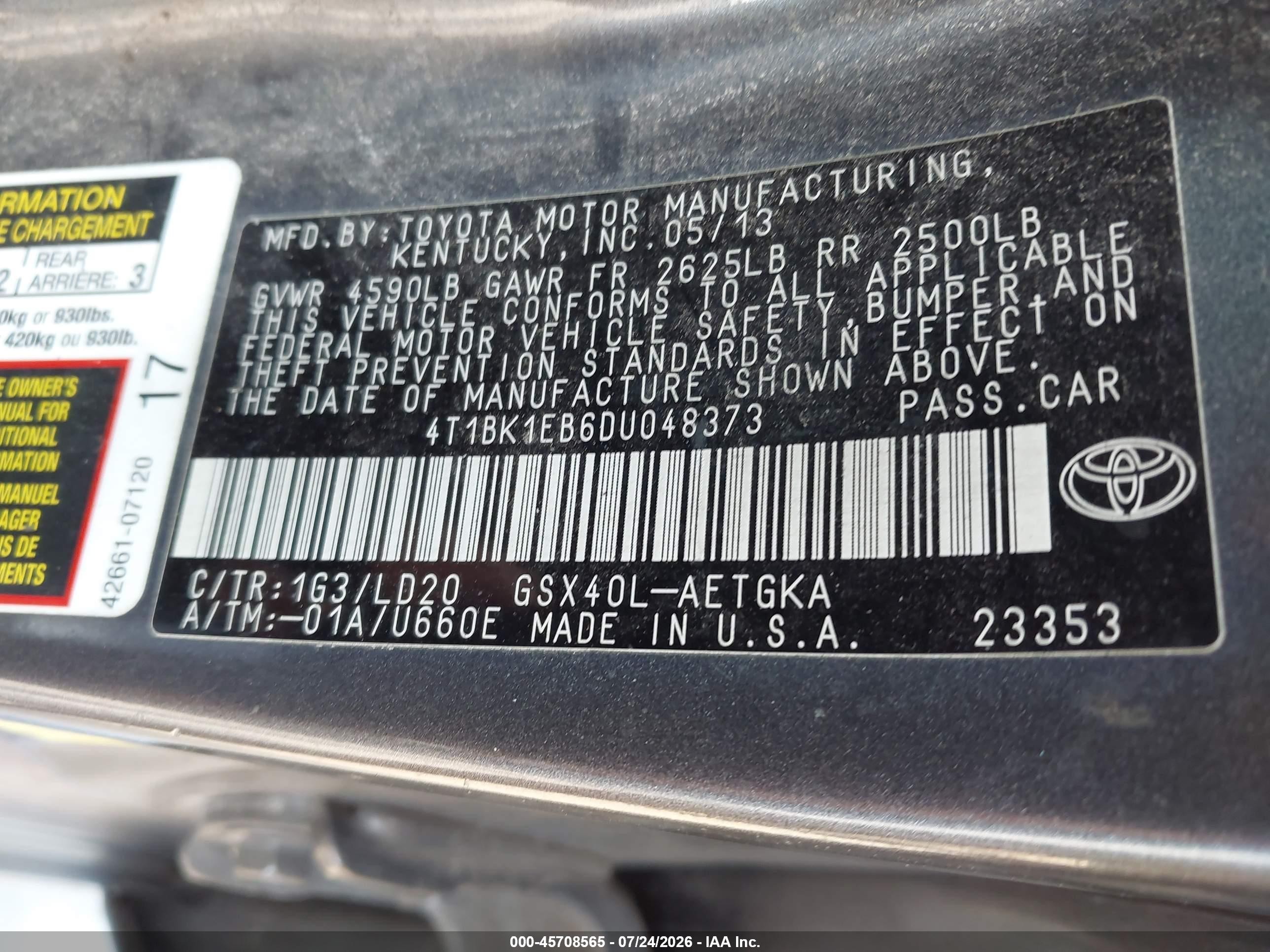 2013 Toyota Avalon Xle Gray vin: 4T1BK1EB6DU048373