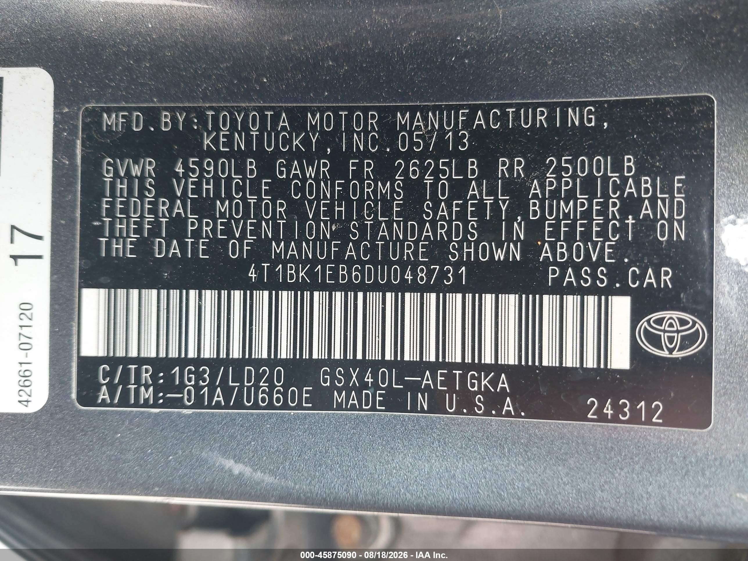 2013 Toyota Avalon Xle Gray vin: 4T1BK1EB6DU048731