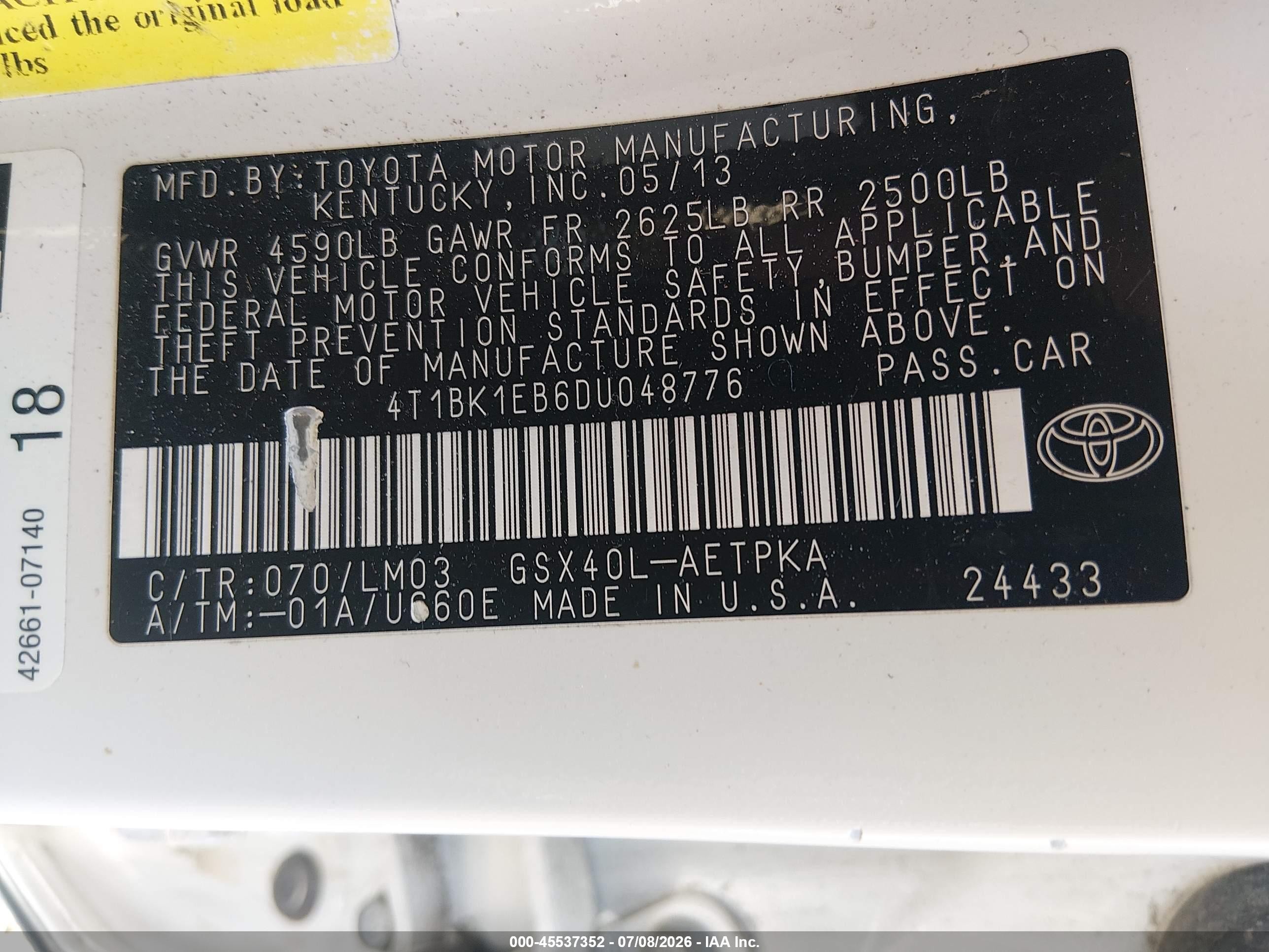 2013 Toyota Avalon Limited White vin: 4T1BK1EB6DU048776