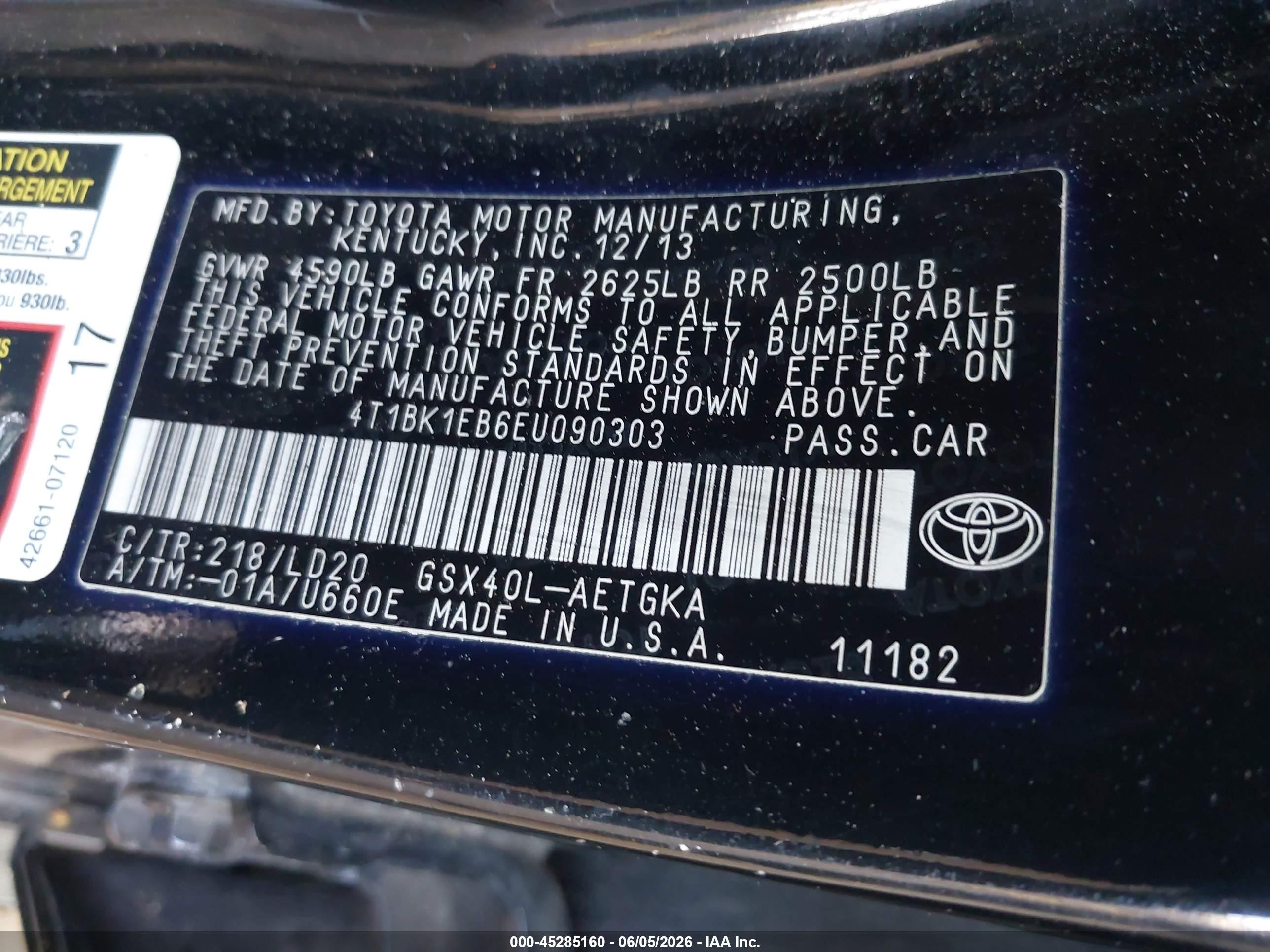 2014 Toyota Avalon Xle Black vin: 4T1BK1EB6EU090303