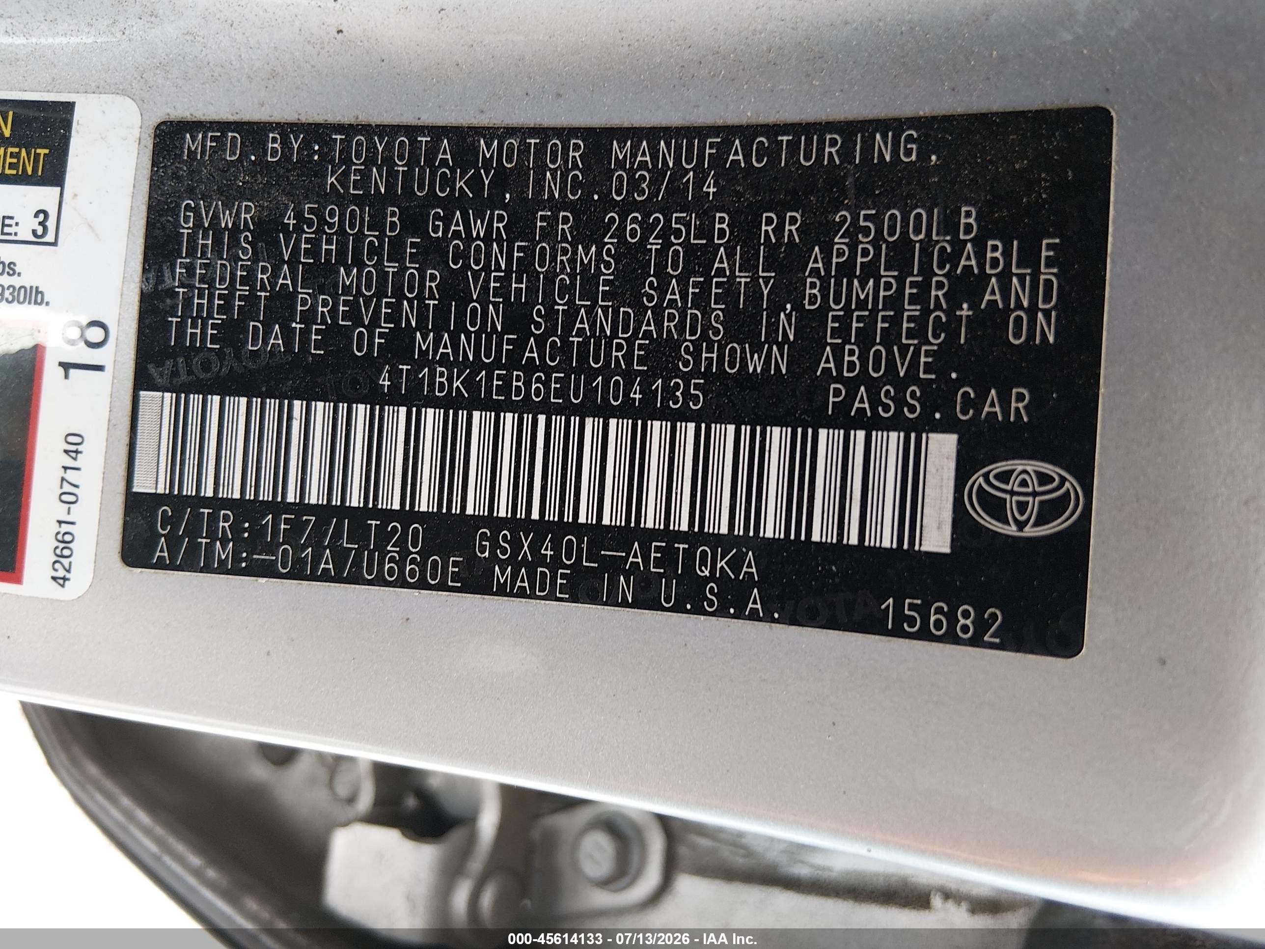 2014 Toyota Avalon Xle Touring Silver vin: 4T1BK1EB6EU104135