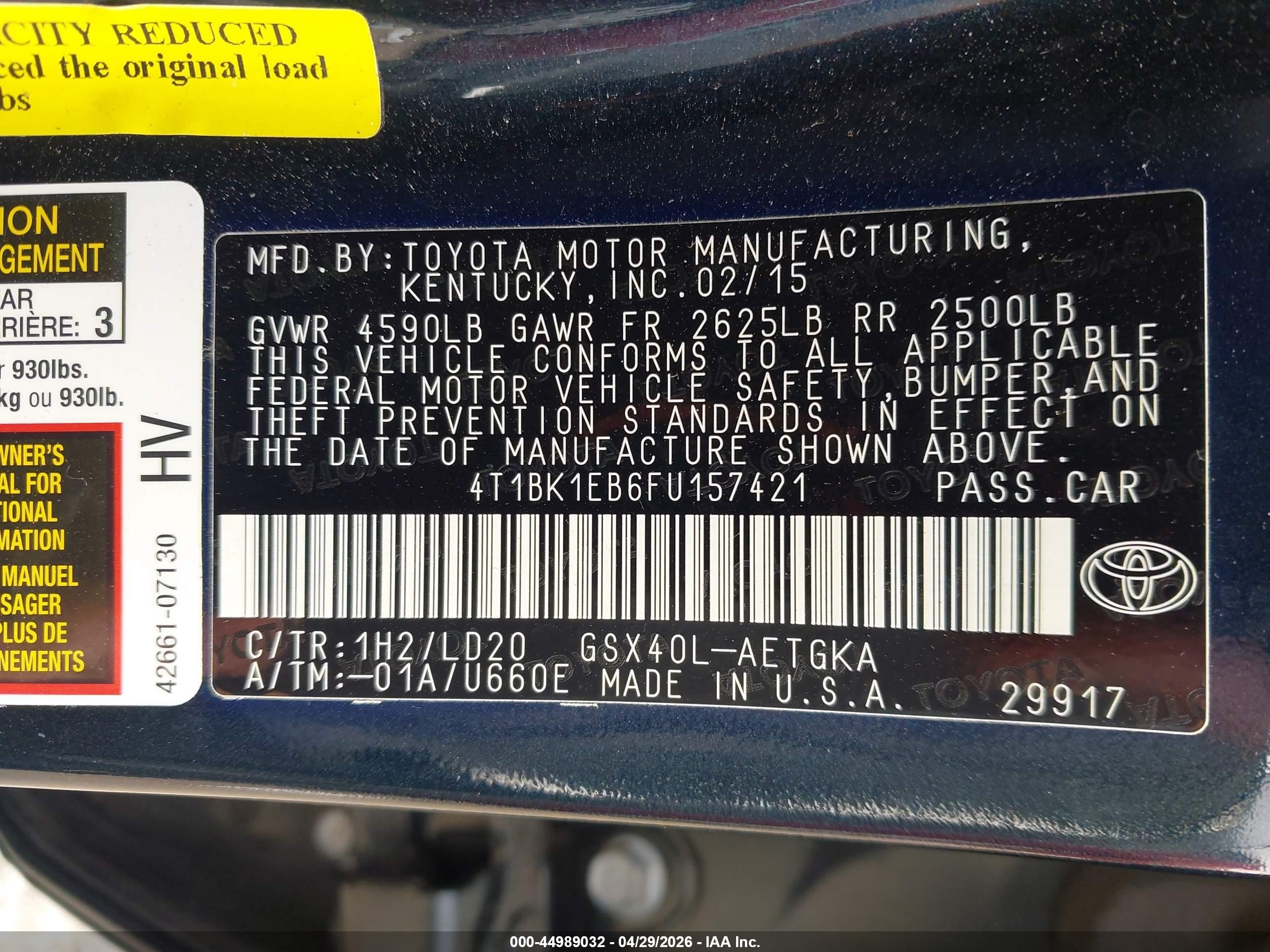2015 Toyota Avalon Xle Black vin: 4T1BK1EB6FU157421