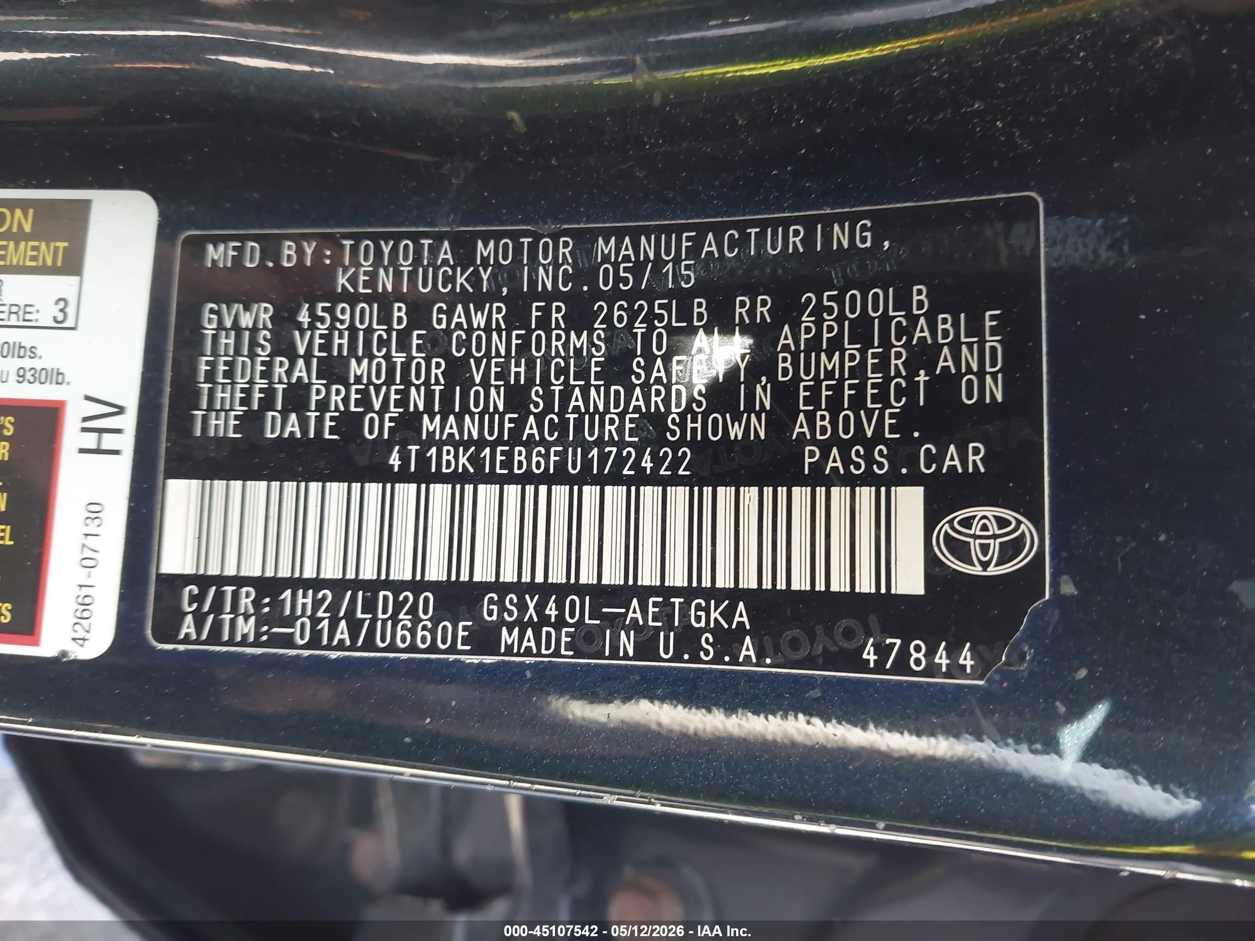 2015 Toyota Avalon Xle Blue vin: 4T1BK1EB6FU172422