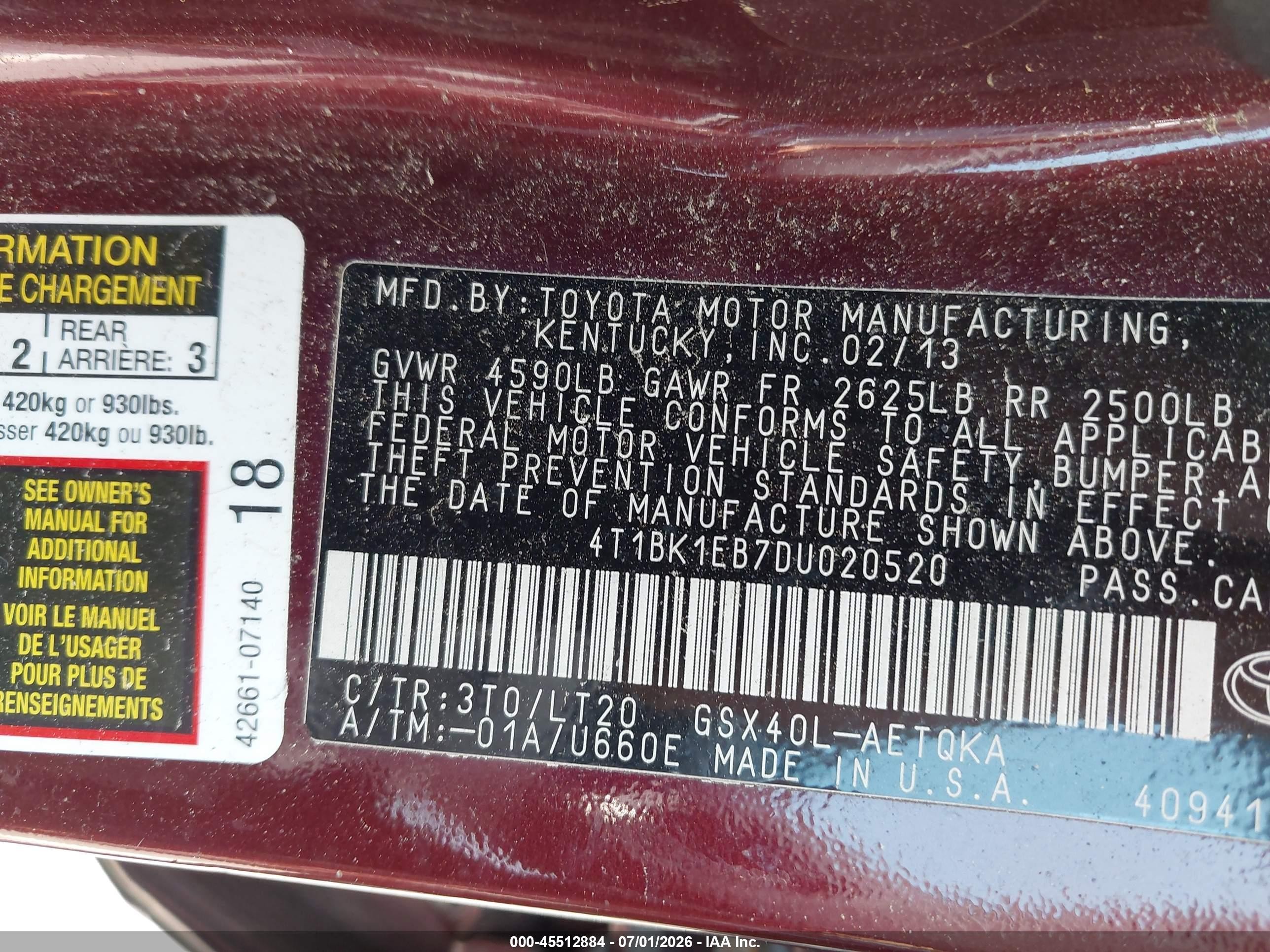 2013 Toyota Avalon Xle Touring Burgundy vin: 4T1BK1EB7DU020520
