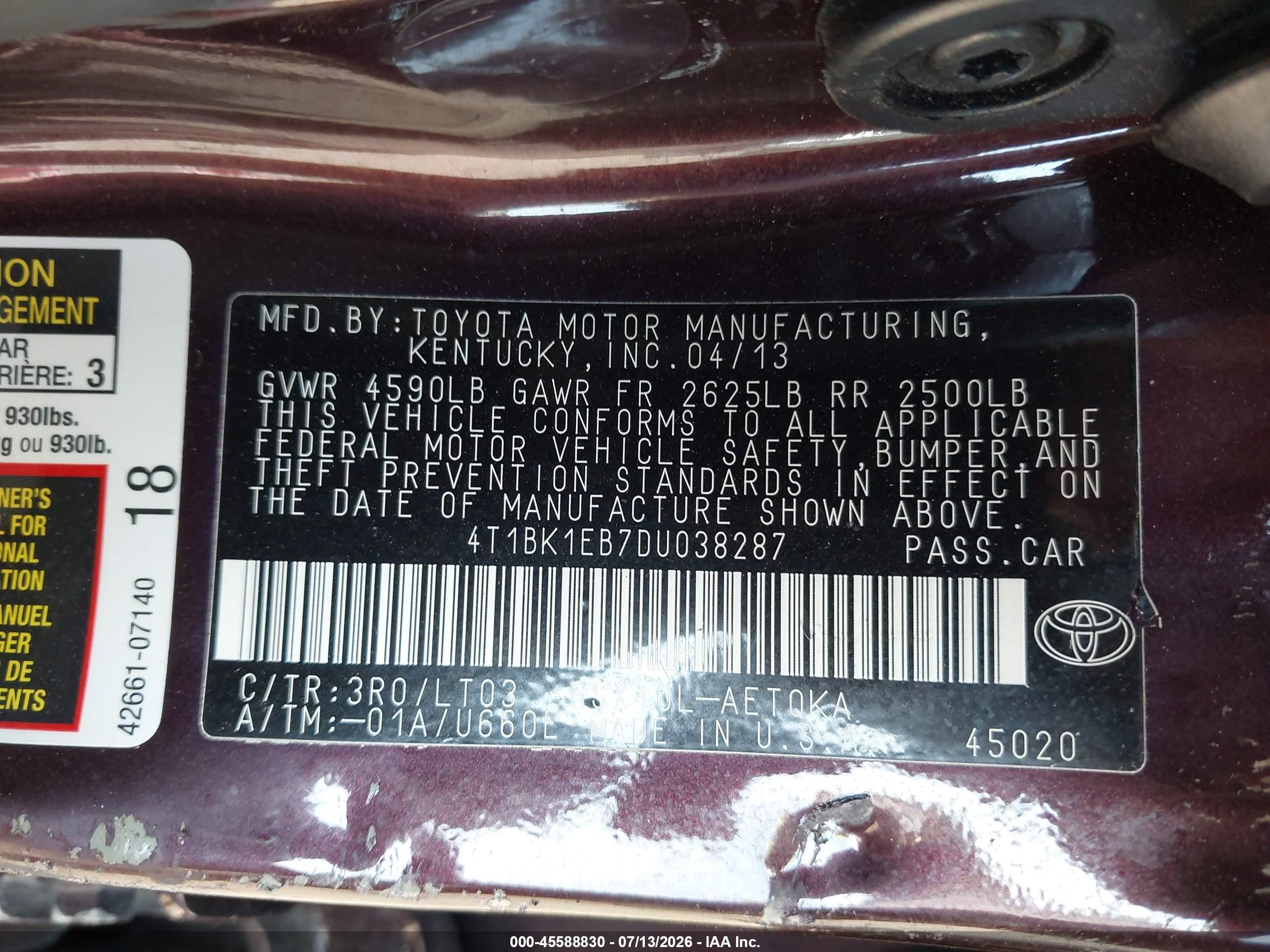2013 Toyota Avalon Xle Touring Бордовый vin: 4T1BK1EB7DU038287
