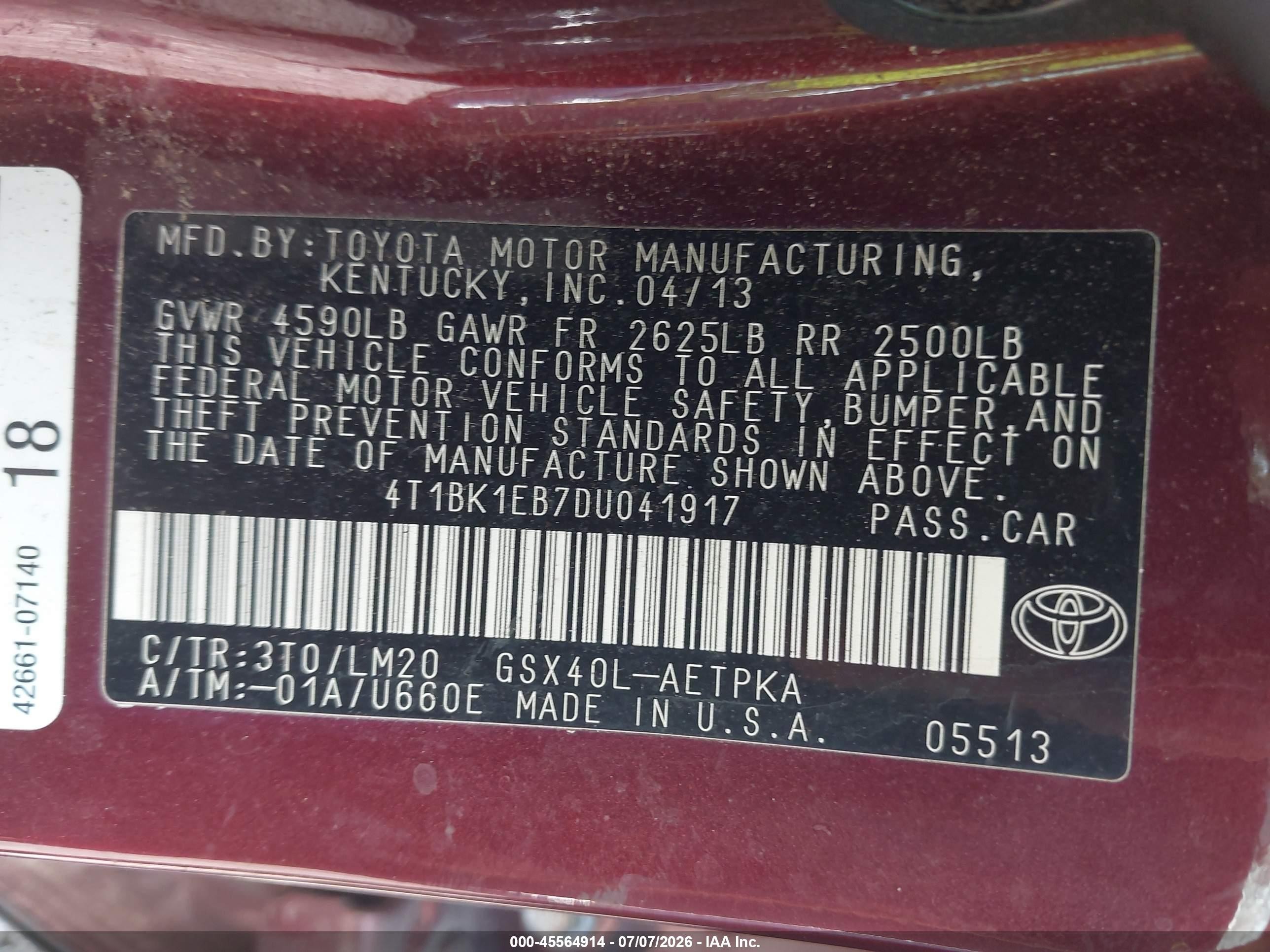 2013 Toyota Avalon Limited Red vin: 4T1BK1EB7DU041917