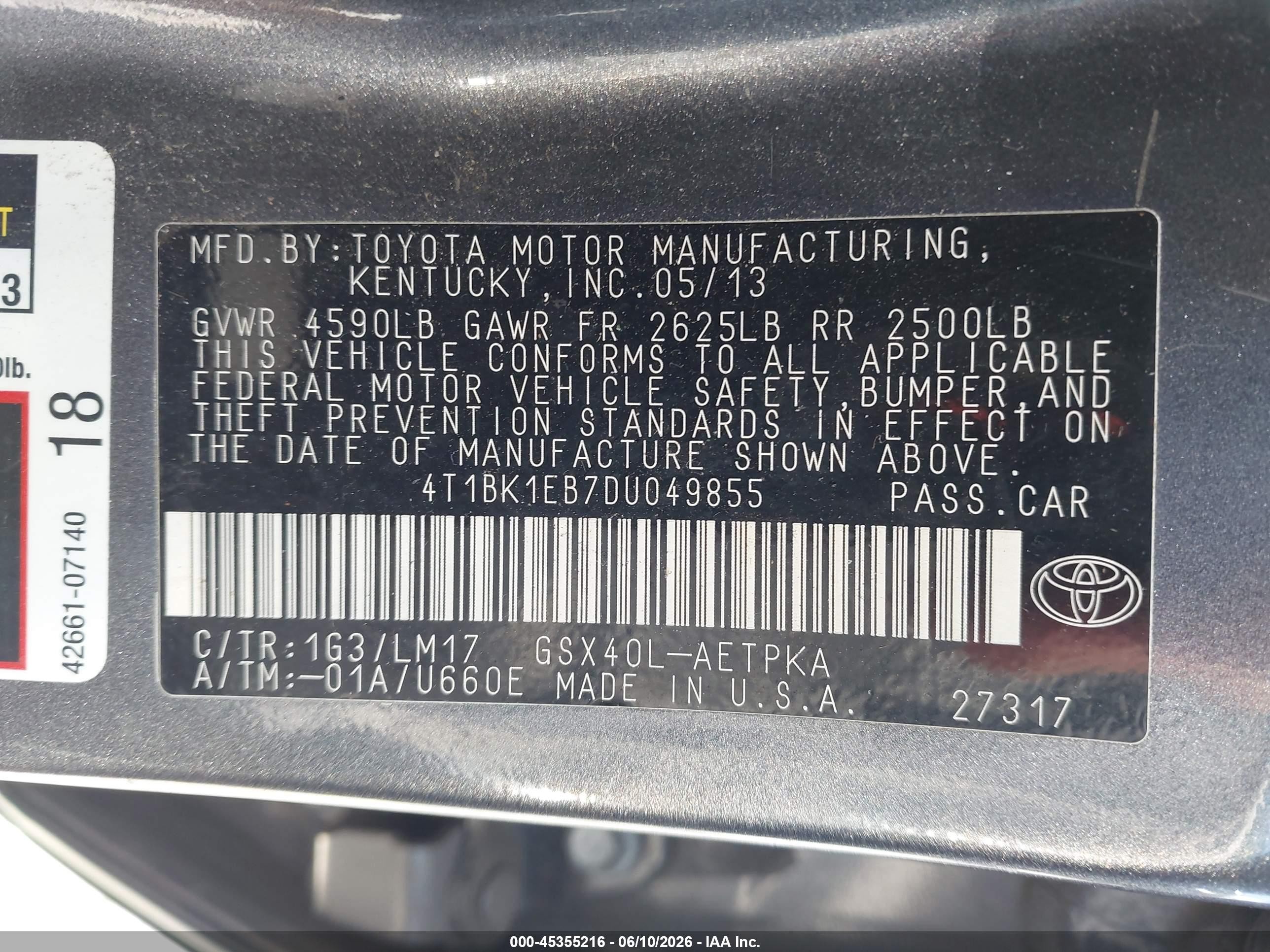 2013 Toyota Avalon Limited Gray vin: 4T1BK1EB7DU049855