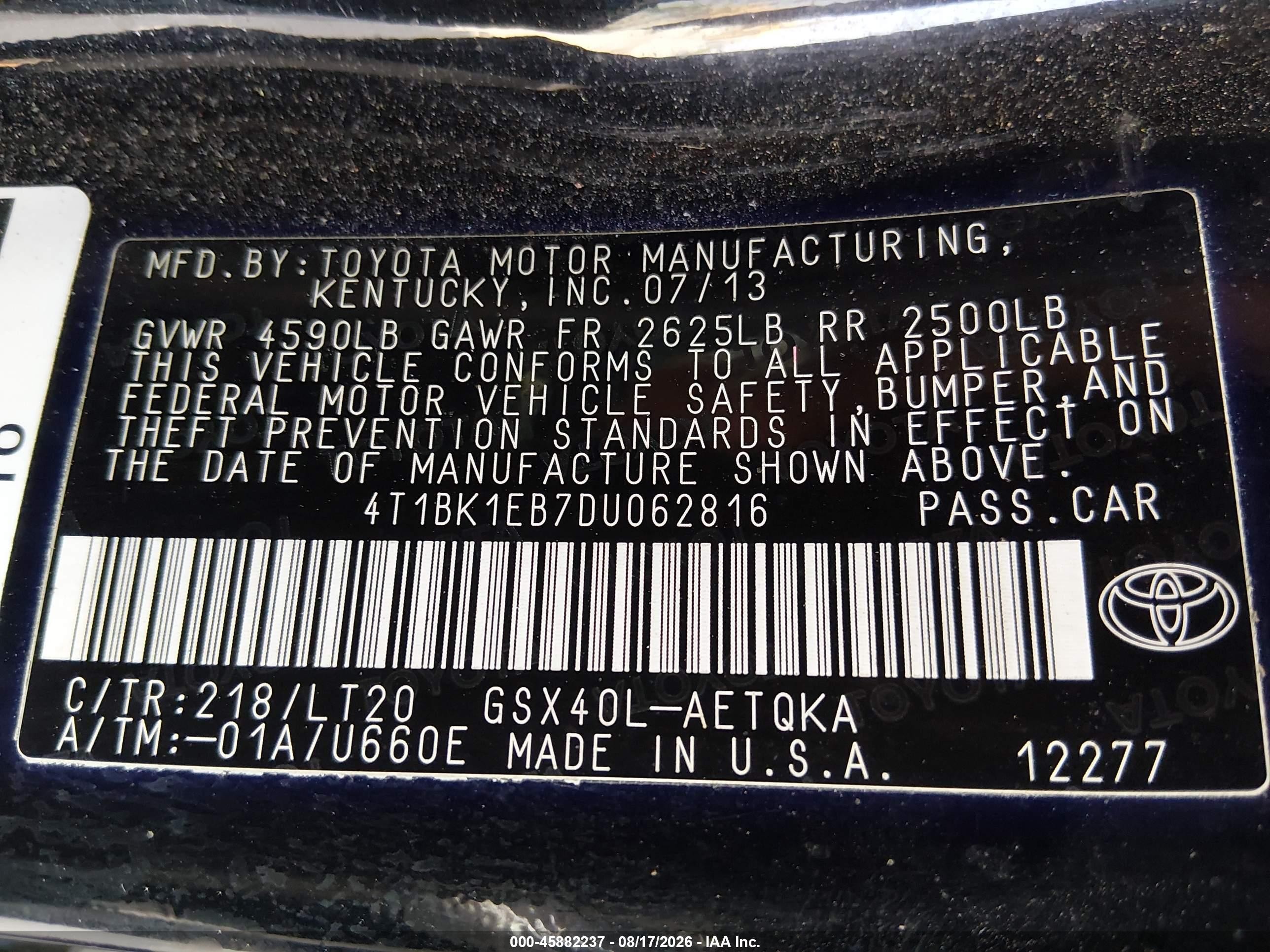 2013 Toyota Avalon Xle Touring Black vin: 4T1BK1EB7DU062816