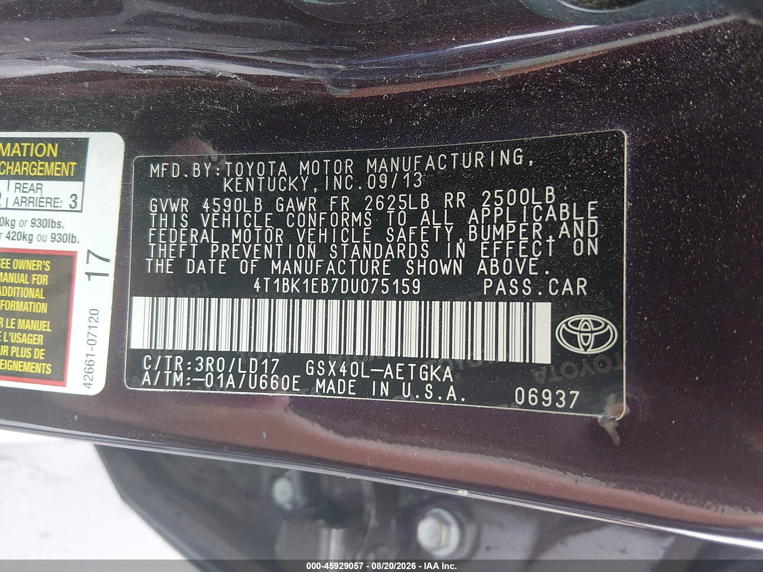 2013 Toyota Avalon Xle Темно-бордовый vin: 4T1BK1EB7DU075159