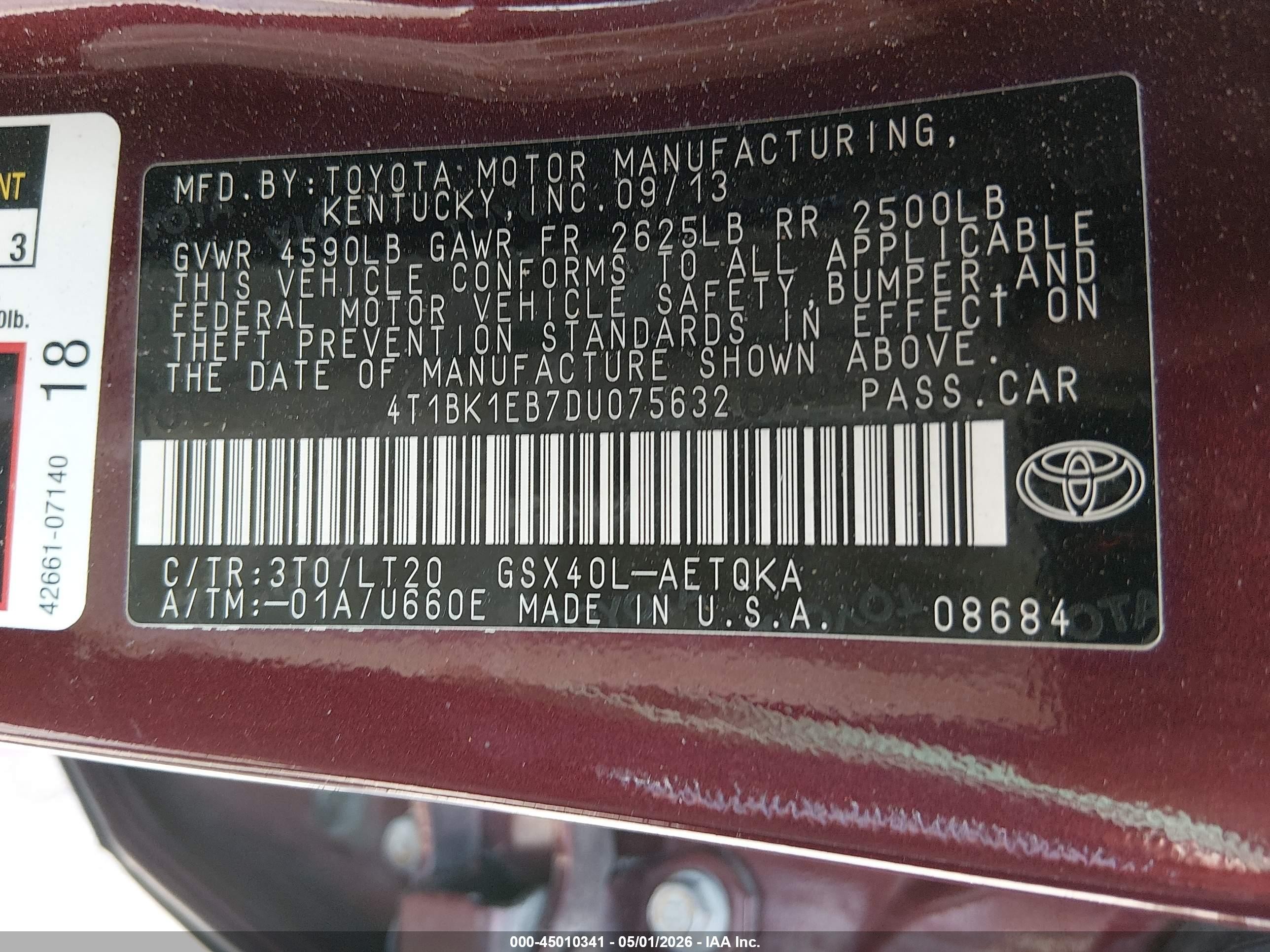 2013 Toyota Avalon Xle Touring Maroon vin: 4T1BK1EB7DU075632