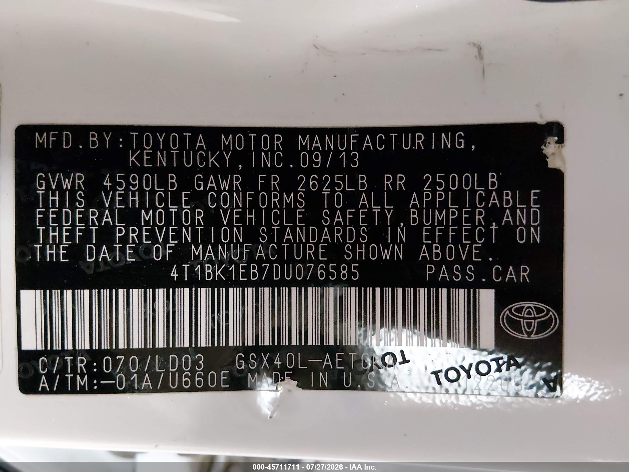 2013 Toyota Avalon Xle White vin: 4T1BK1EB7DU076585