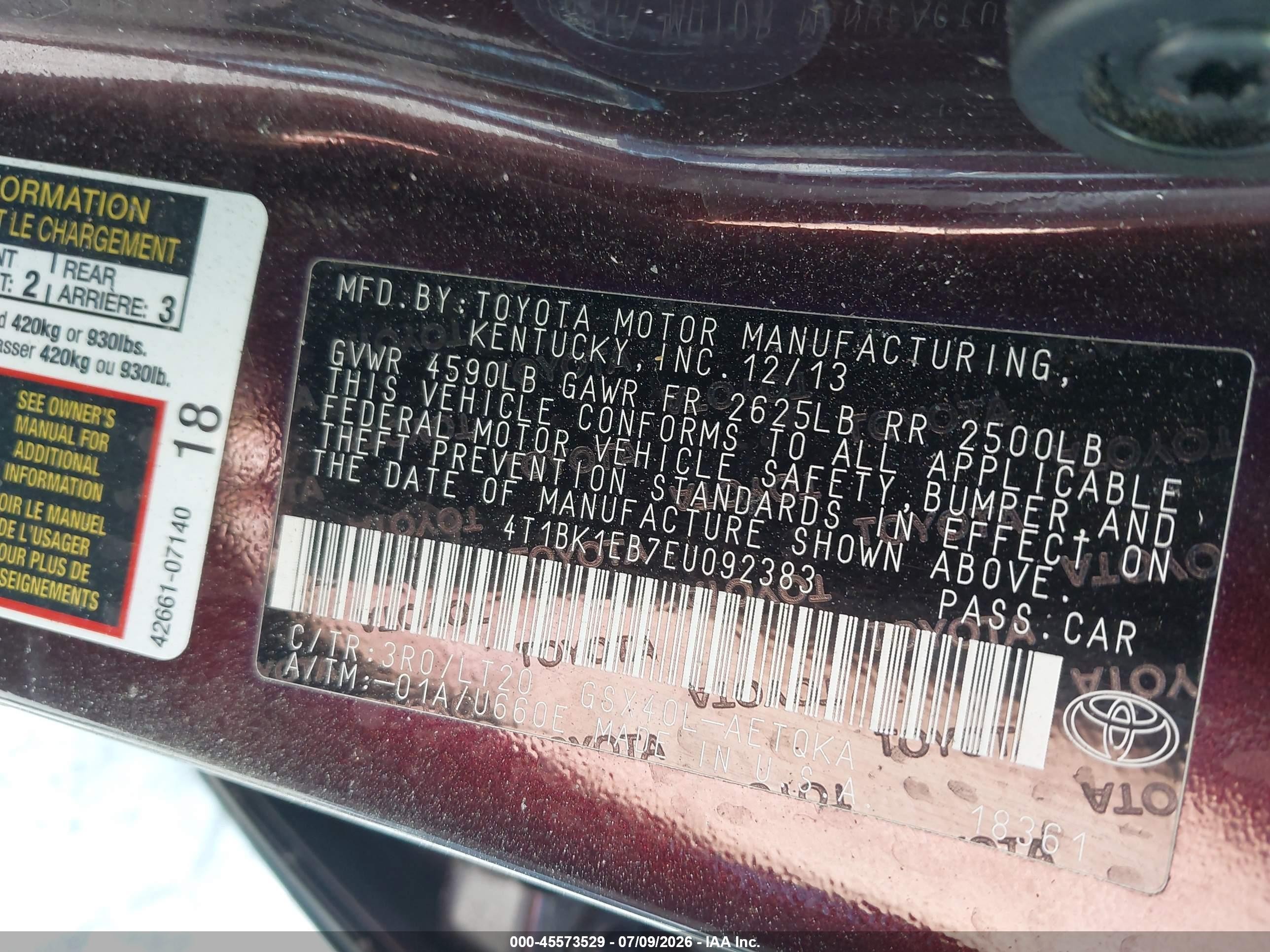 2014 Toyota Avalon Xle Touring Maroon vin: 4T1BK1EB7EU092383