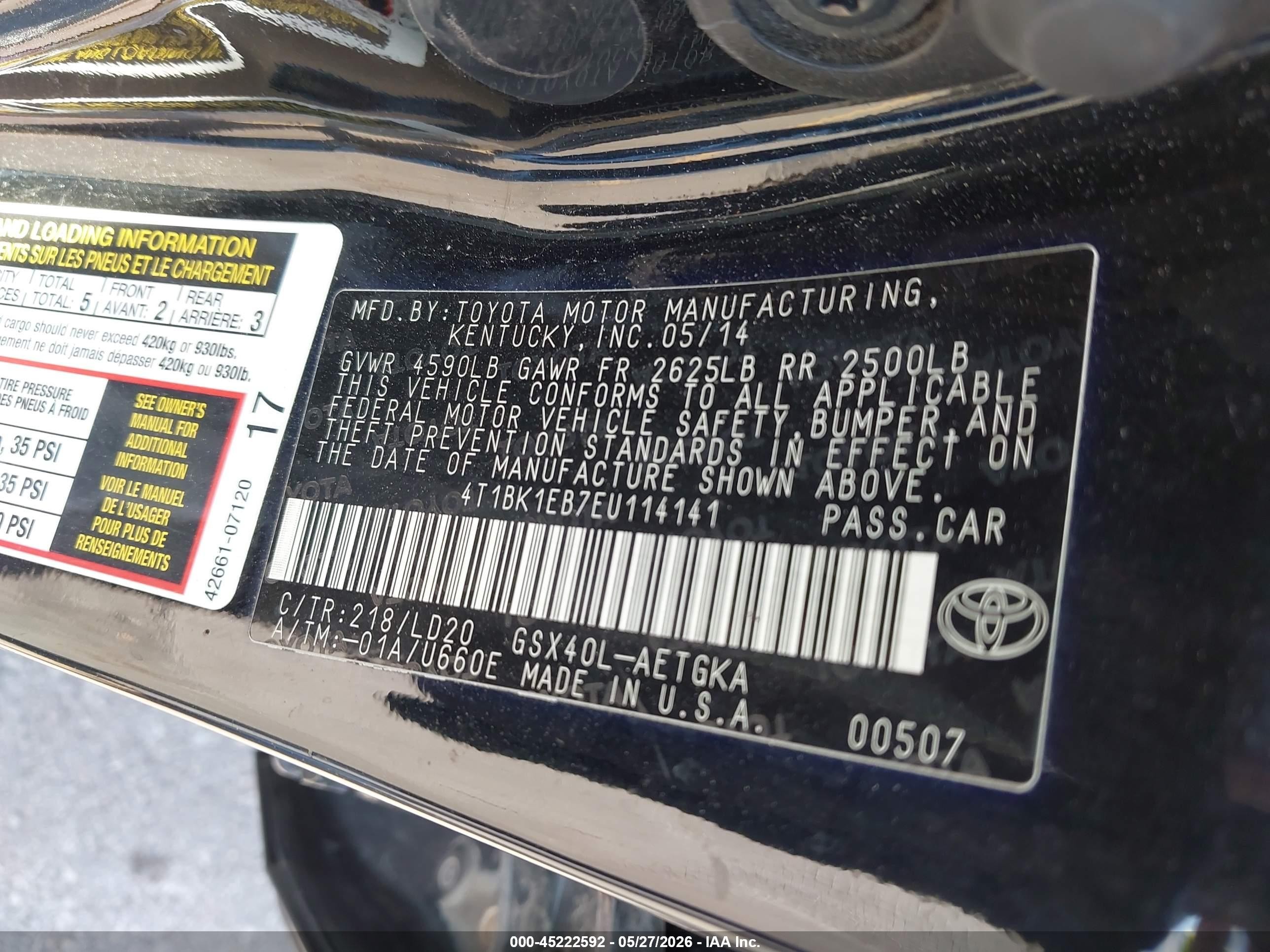 2014 Toyota Avalon Xle Black vin: 4T1BK1EB7EU114141