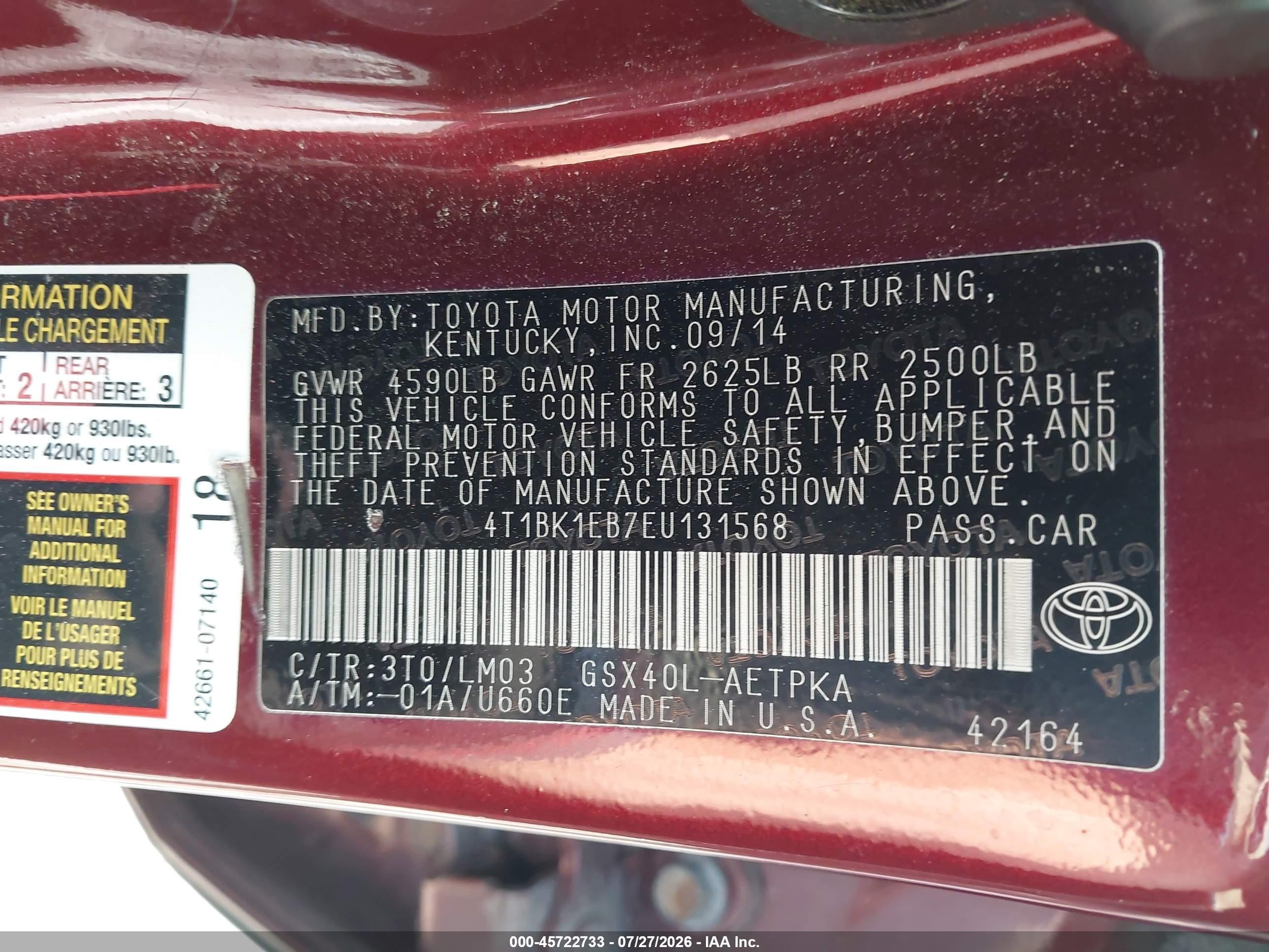 2014 Toyota Avalon Limited Burgundy vin: 4T1BK1EB7EU131568
