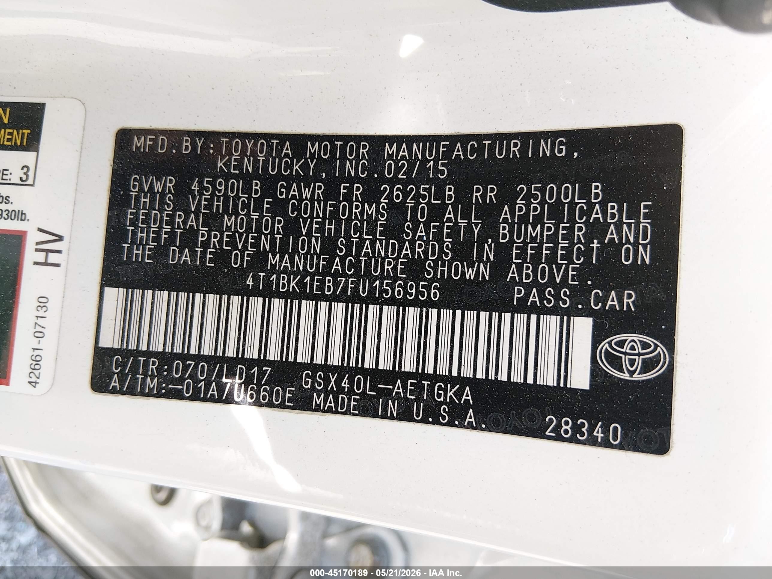 2015 Toyota Avalon Xle White vin: 4T1BK1EB7FU156956