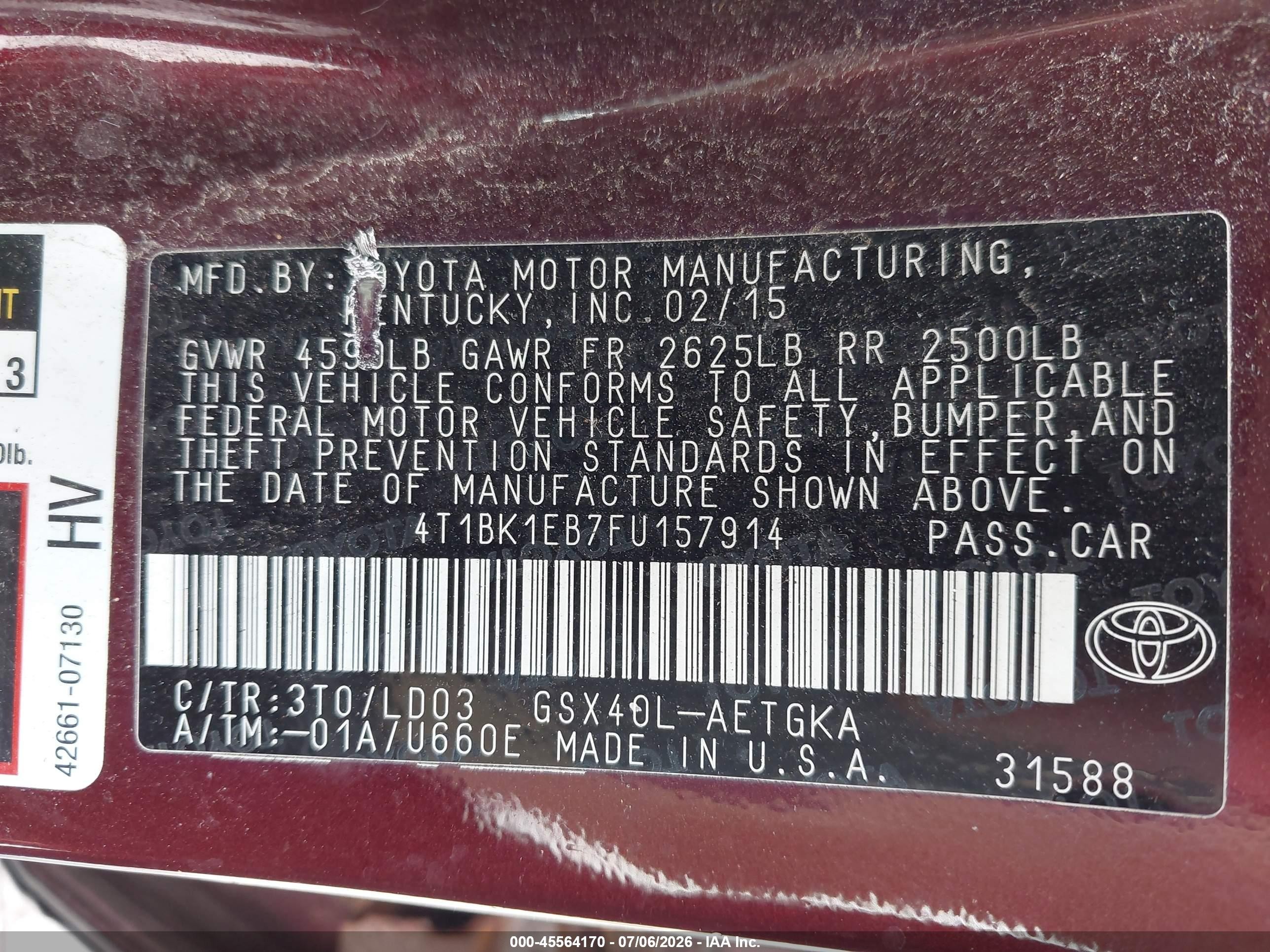 2015 Toyota Avalon Xle Maroon vin: 4T1BK1EB7FU157914