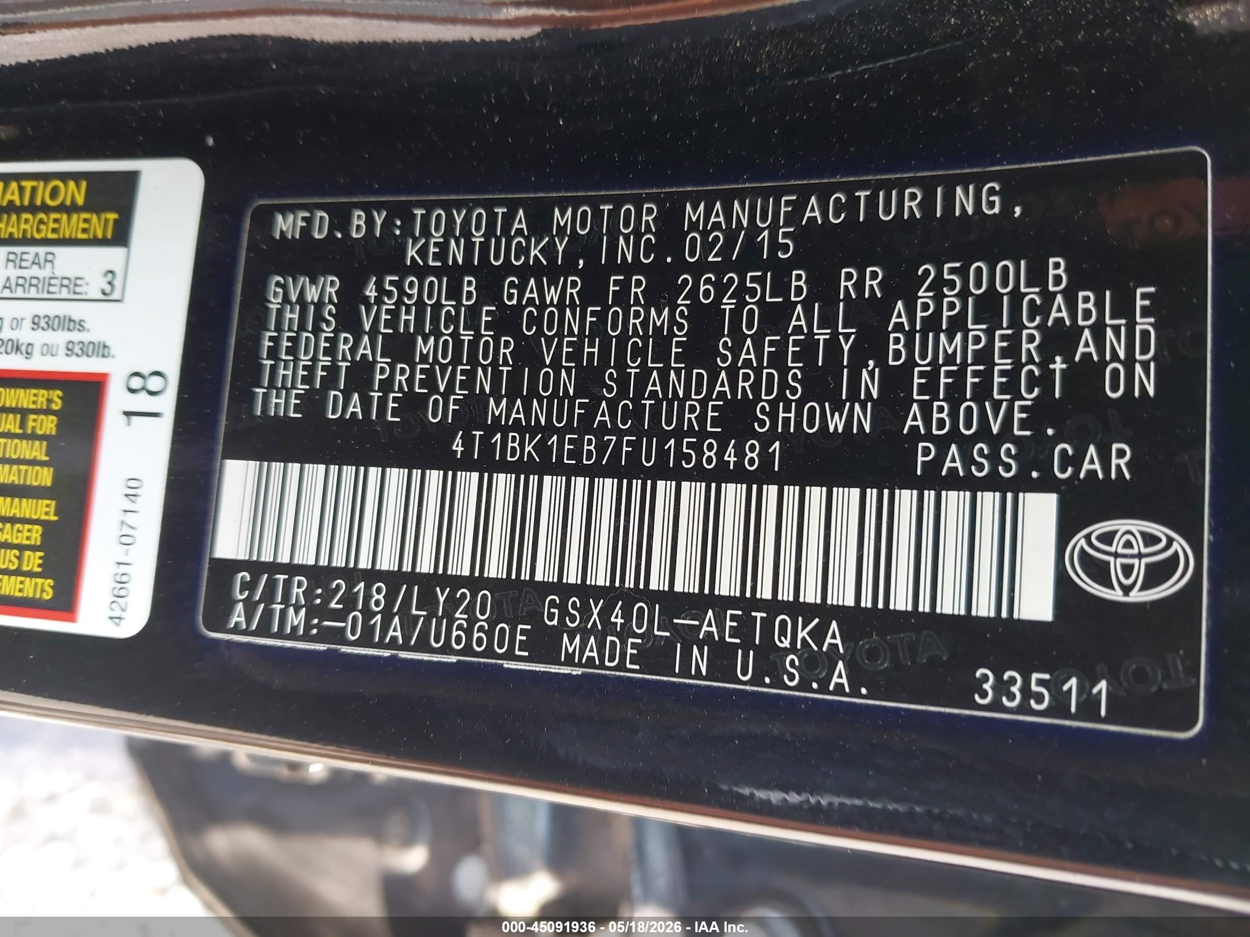 2015 Toyota Avalon   Black vin: 4T1BK1EB7FU158481