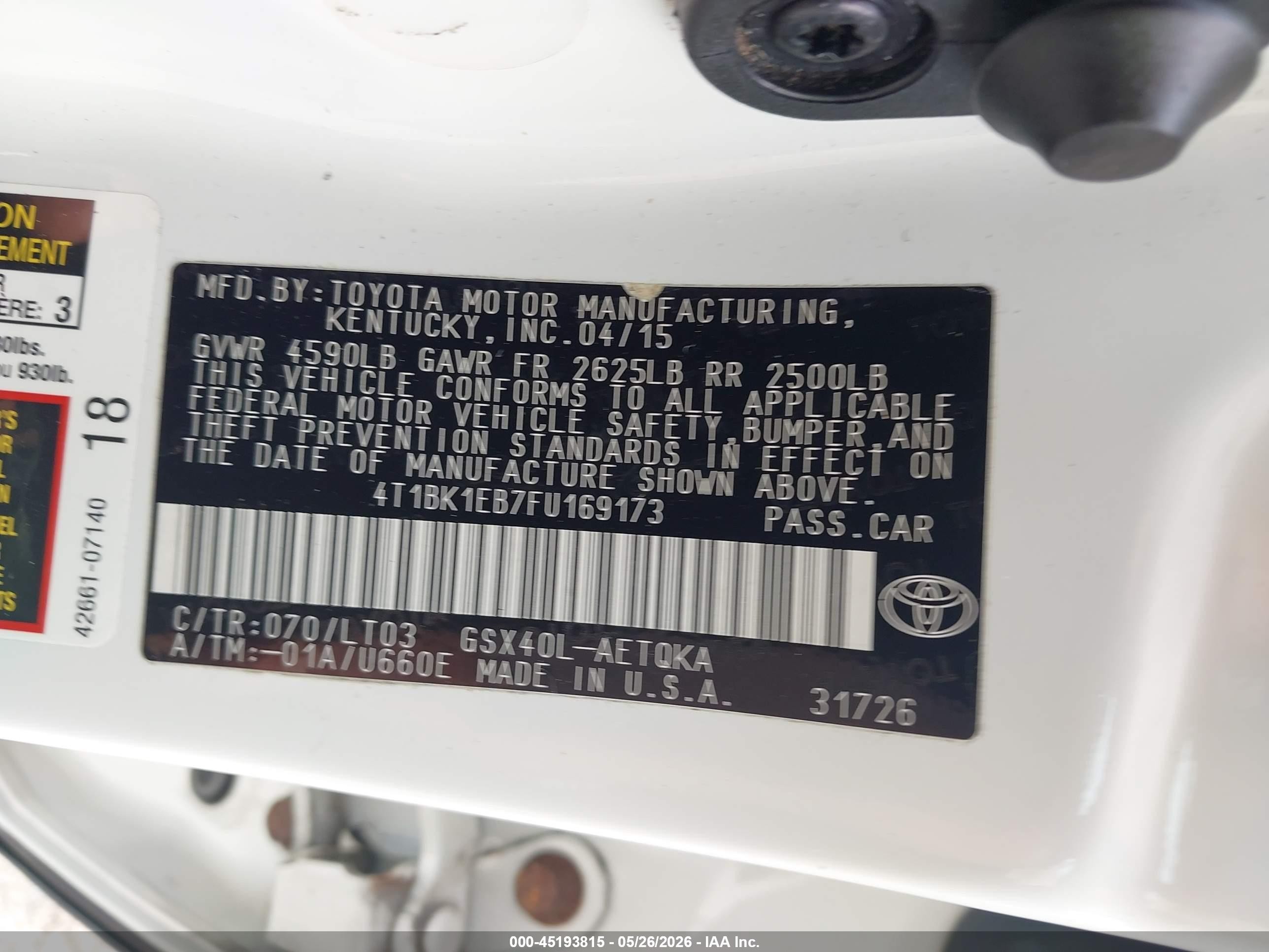 2015 Toyota Avalon Xle/premium/touring/ltd White vin: 4T1BK1EB7FU169173