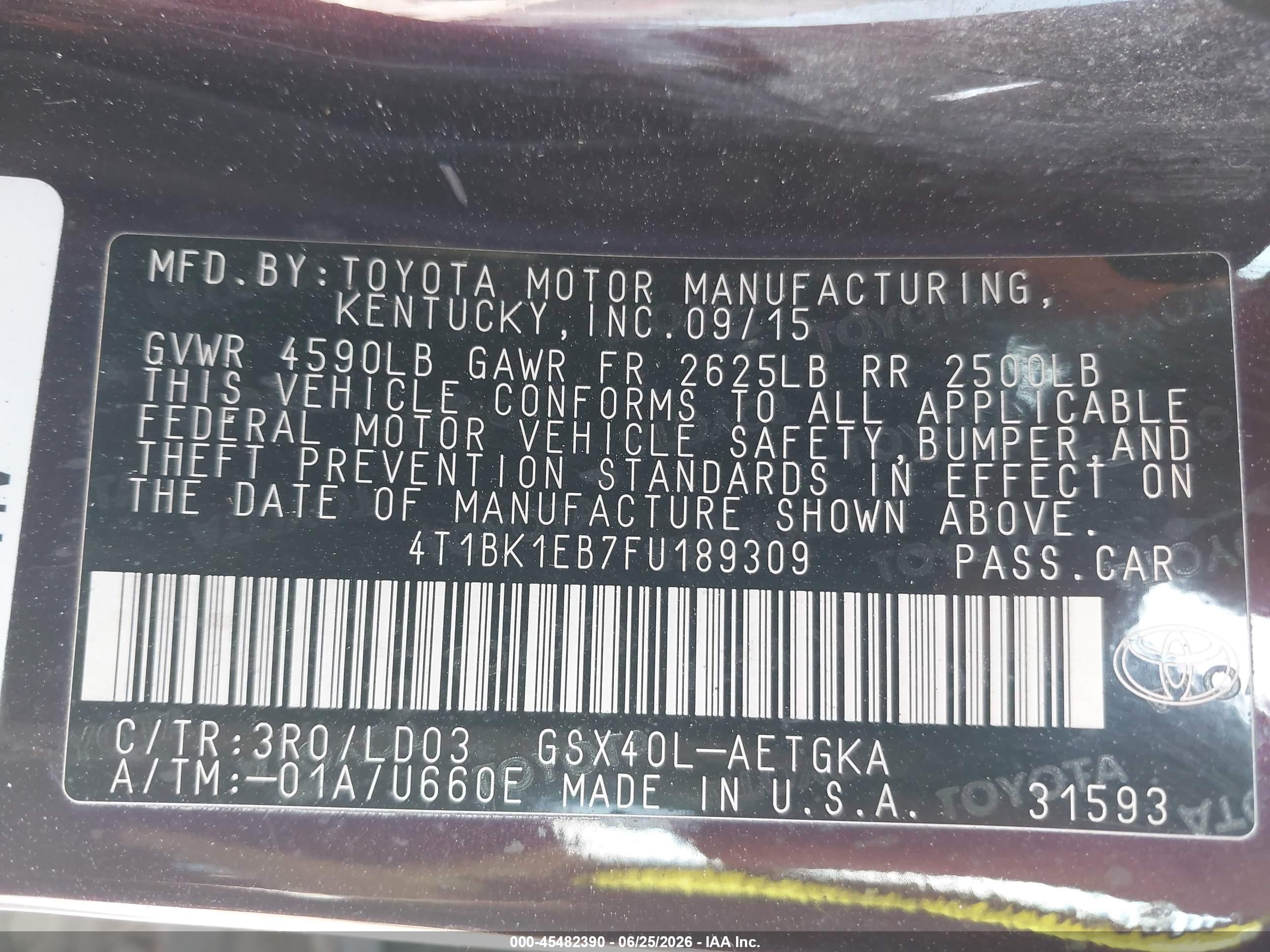 2015 Toyota Avalon Xle Burgundy vin: 4T1BK1EB7FU189309