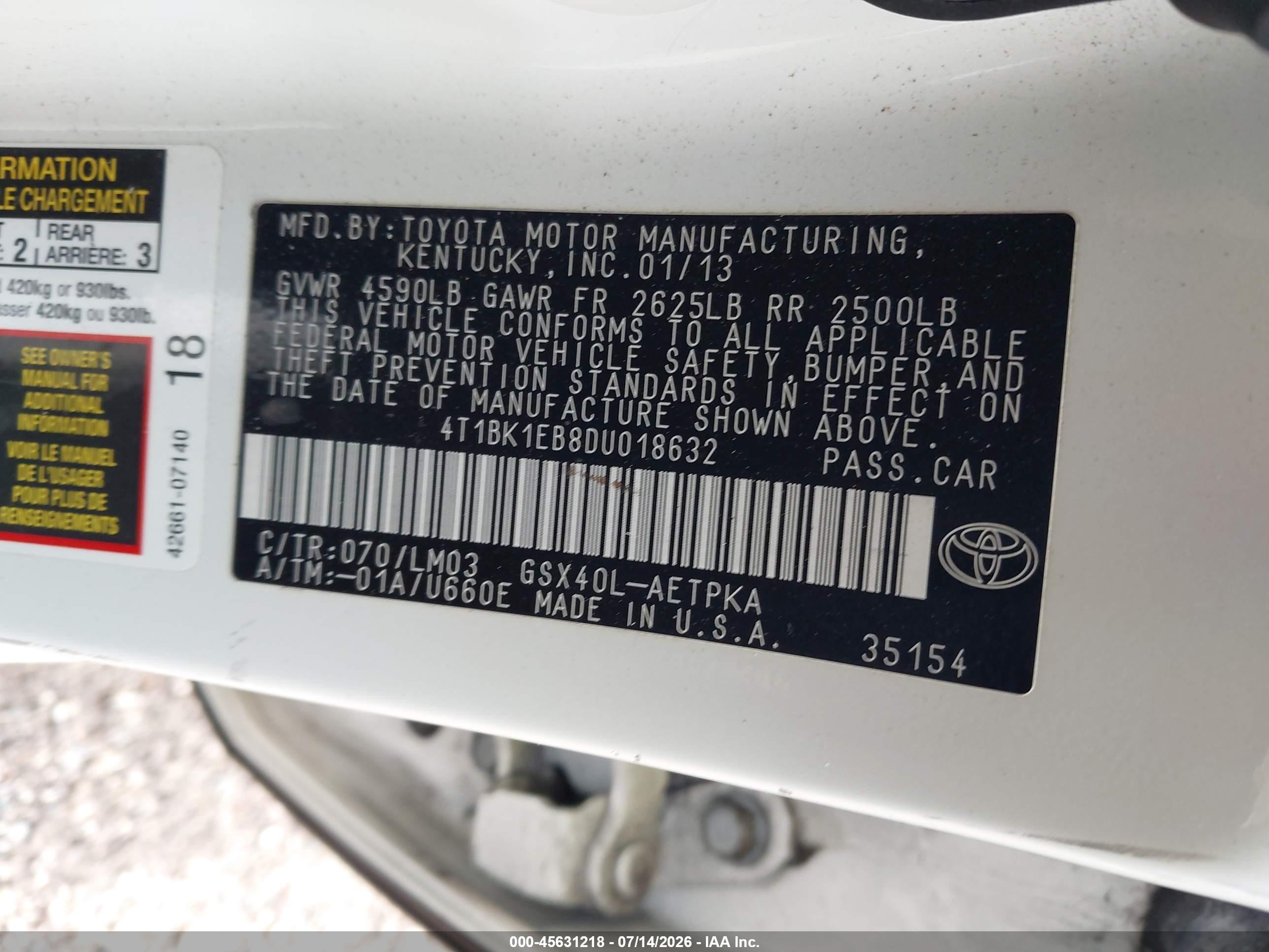2013 Toyota Avalon Limited Белый vin: 4T1BK1EB8DU018632